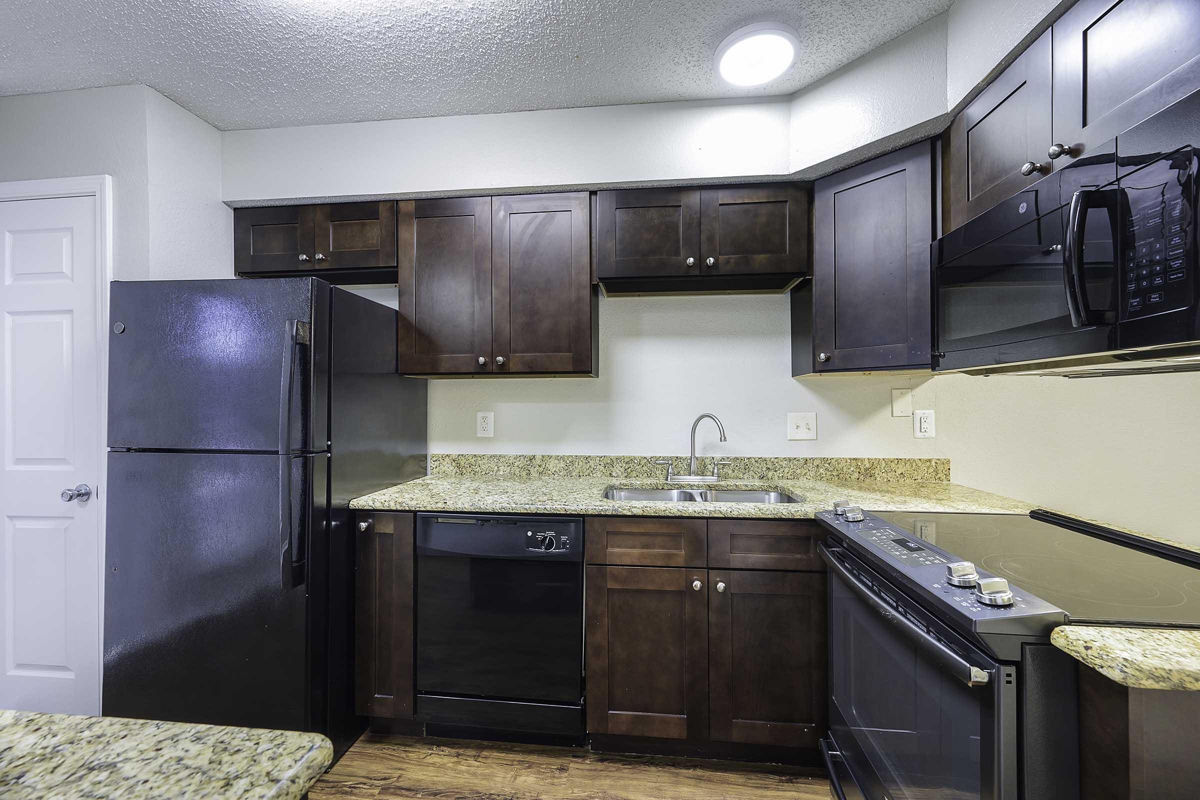 Modern kitchen featuring dark wood cabinets, a granite countertop, and stainless steel appliances. Includes a black refrigerator, dishwasher, and stove with an overhead microwave. The space has a light-colored wall and a ceiling light providing ample illumination.