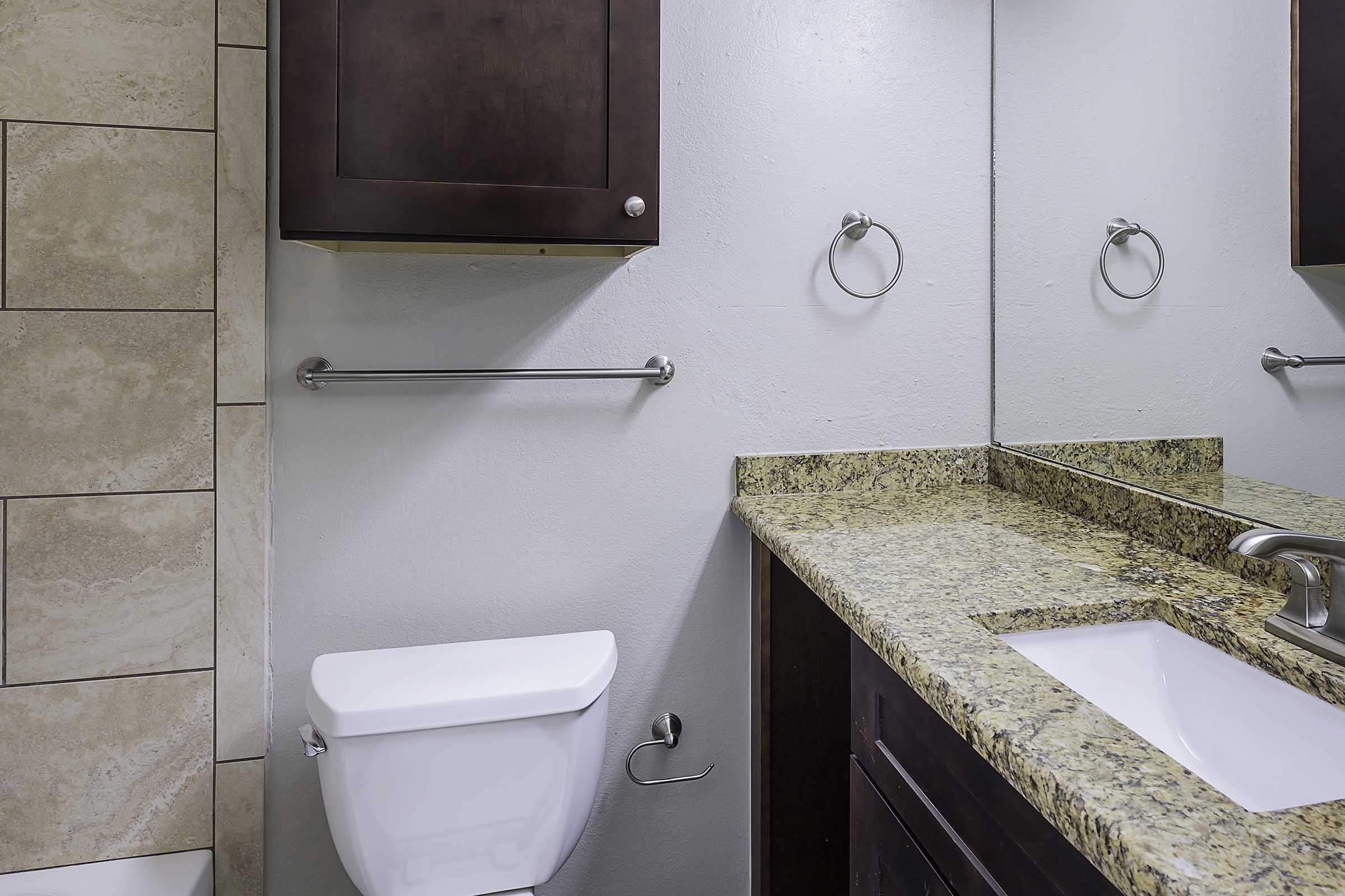A well-lit bathroom featuring a white toilet, a modern sink with a granite countertop, and a wall-mounted cabinet. The walls are painted light gray, and there is a mirror above the sink. A towel bar is attached to the wall near the sink. The floor is tiled, enhancing the overall clean and contemporary look.