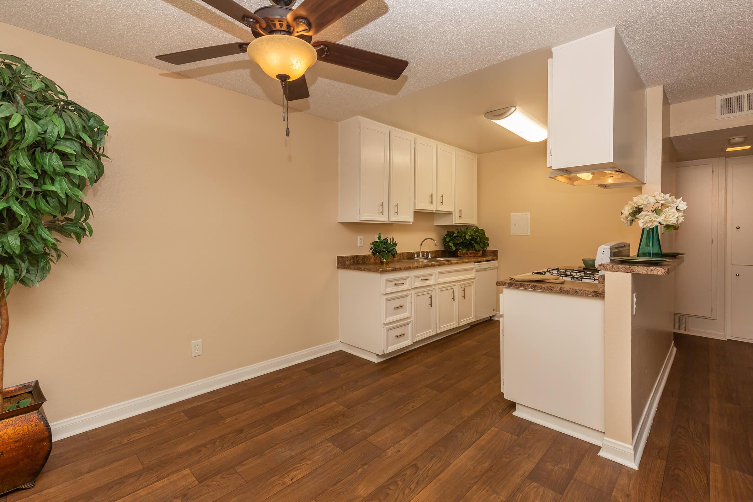 a kitchen with a sink and a mirror