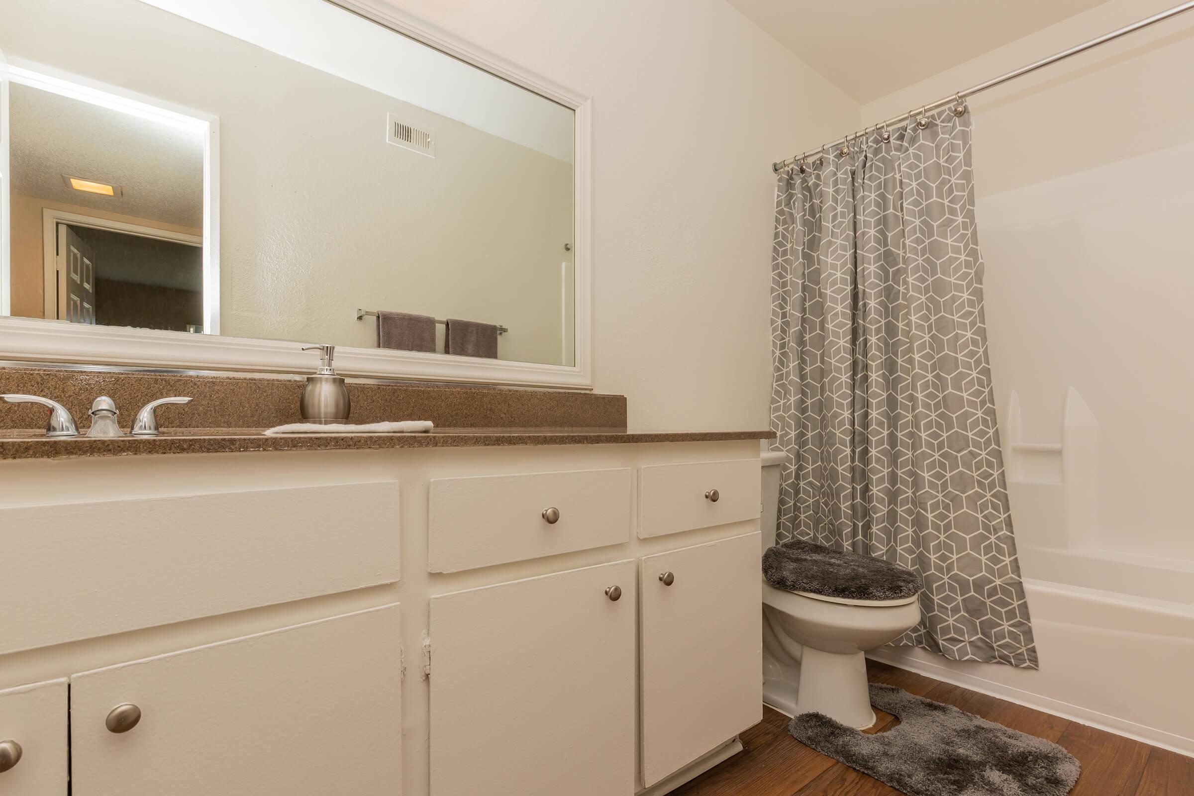 a kitchen with a sink and a shower curtain