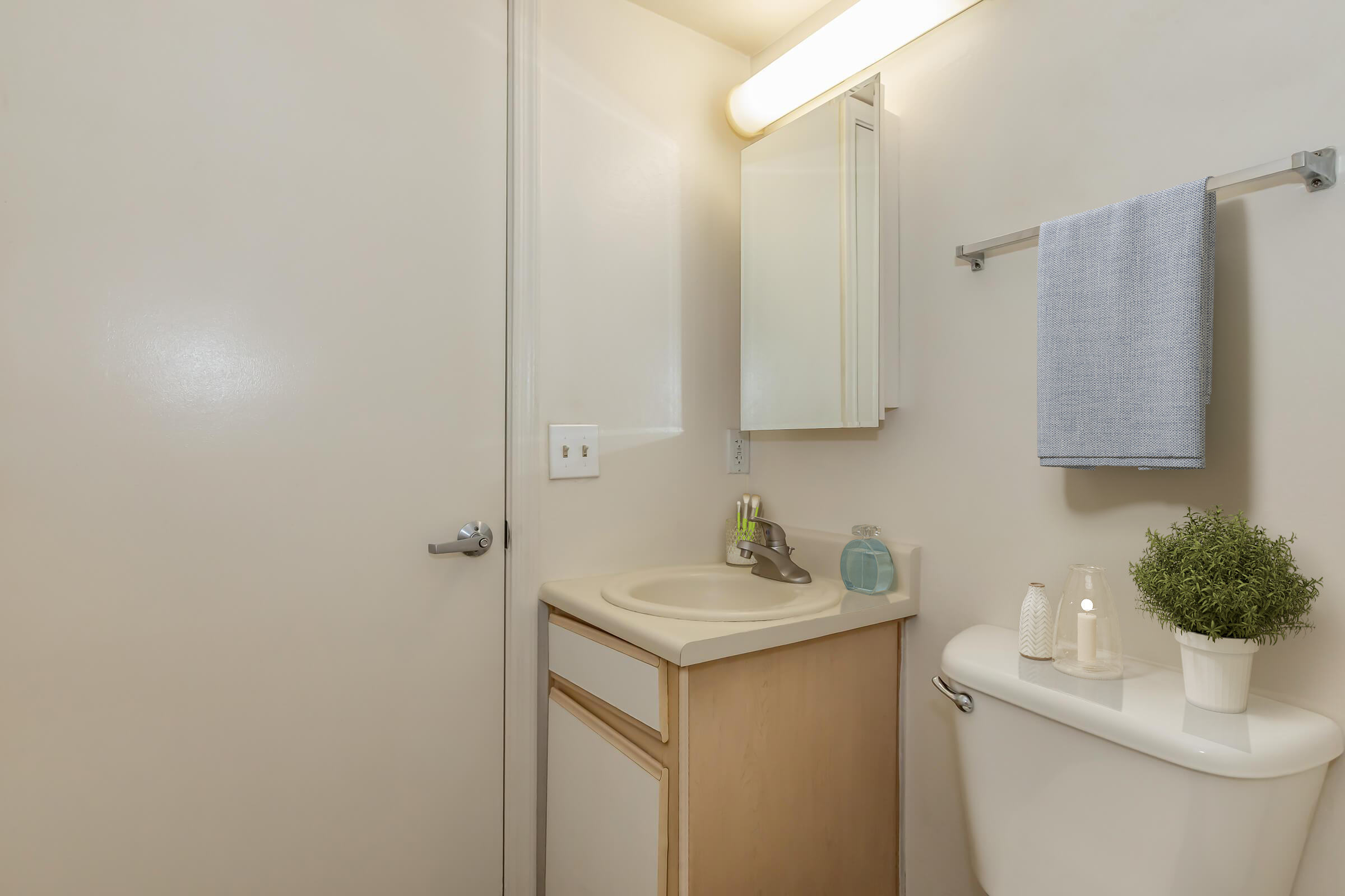 A clean and well-lit bathroom featuring a beige color scheme. It includes a sink with a small mirror above, a towel hanging on a rack, a decorative plant on the countertop, and a toilet. The overall design is simple and modern, creating a calming atmosphere.