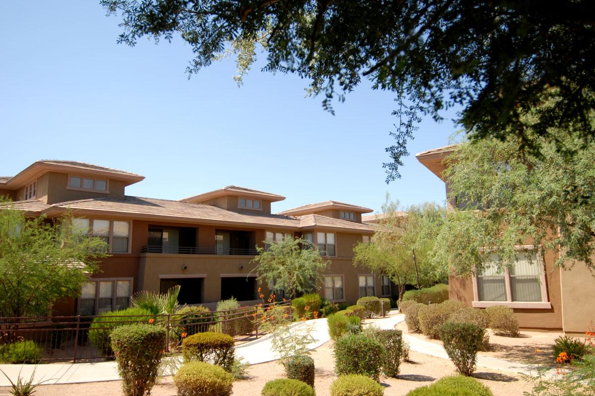 a house with bushes in front of a building