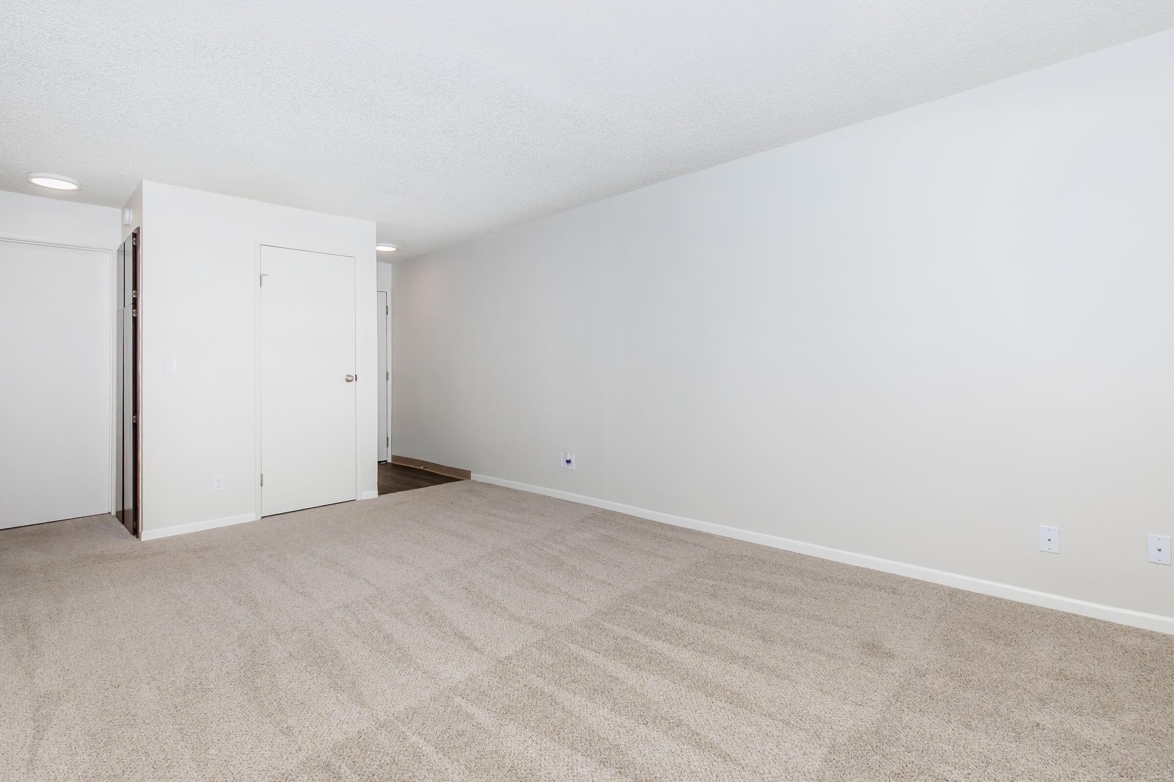 A spacious, empty room with light-colored walls and a plush, beige carpet. There is a closed door on the left-hand side, and the light fixtures are recessed in the ceiling. The room is well-lit and features a neutral aesthetic, suitable for various furniture arrangements.