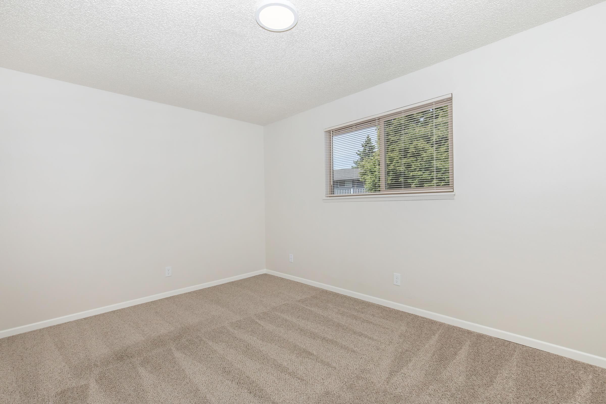 A vacant room with beige carpet and light-colored walls. It has a window with blinds, allowing natural light to enter. The ceiling features a simple, round light fixture. The space is empty, creating a clean and open atmosphere, suitable for various uses.