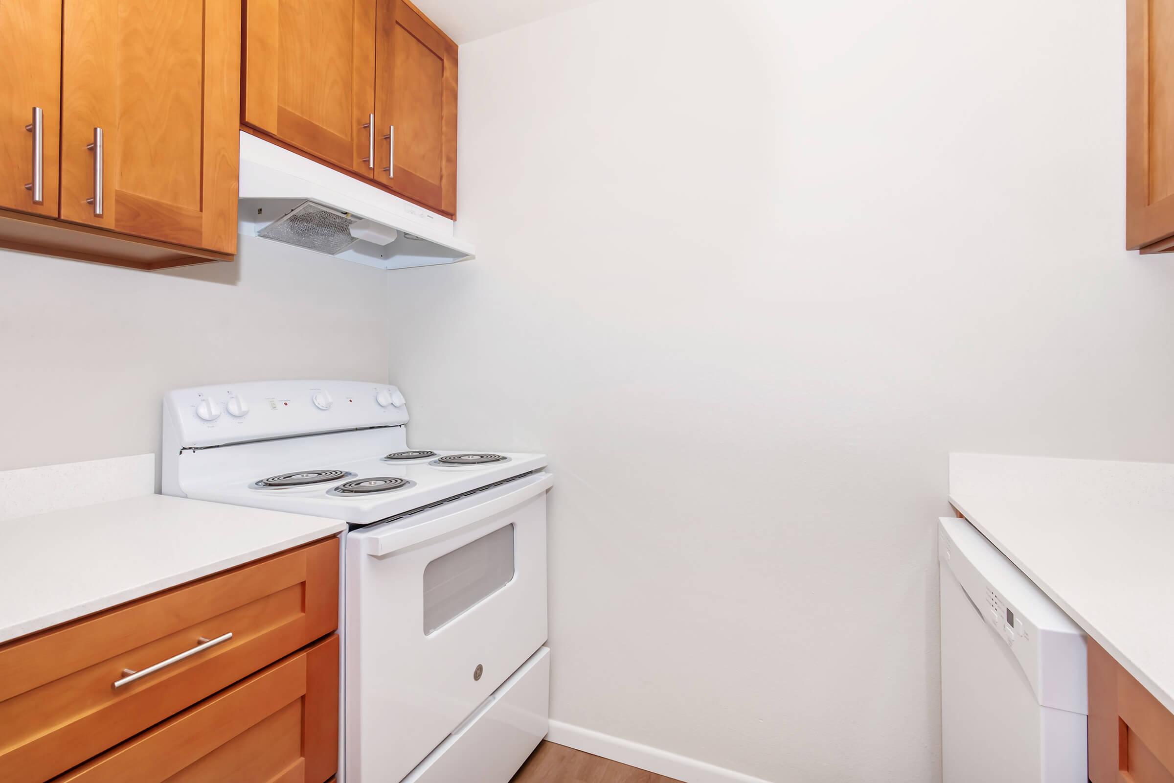 A kitchen space featuring wooden cabinets, a white stove with four burners, and a white dishwasher. The walls are light-colored, and the countertops are a solid surface, creating a clean and modern look.