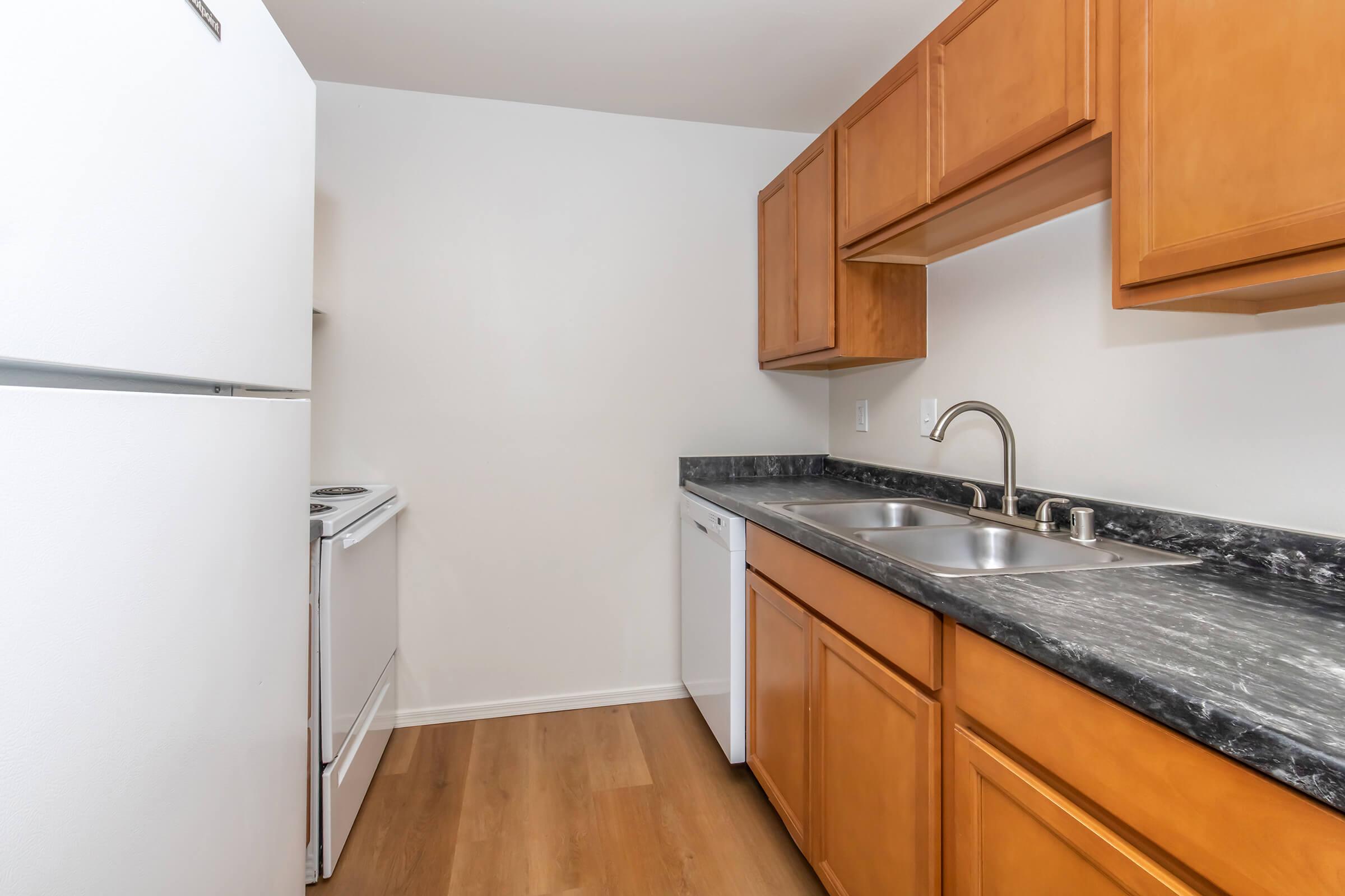 A modern kitchen featuring light wooden cabinets, a dark countertop, a double sink, and stainless steel appliances including a stove and a dishwasher. The space has light-colored walls and hardwood flooring, giving it a clean and bright appearance.