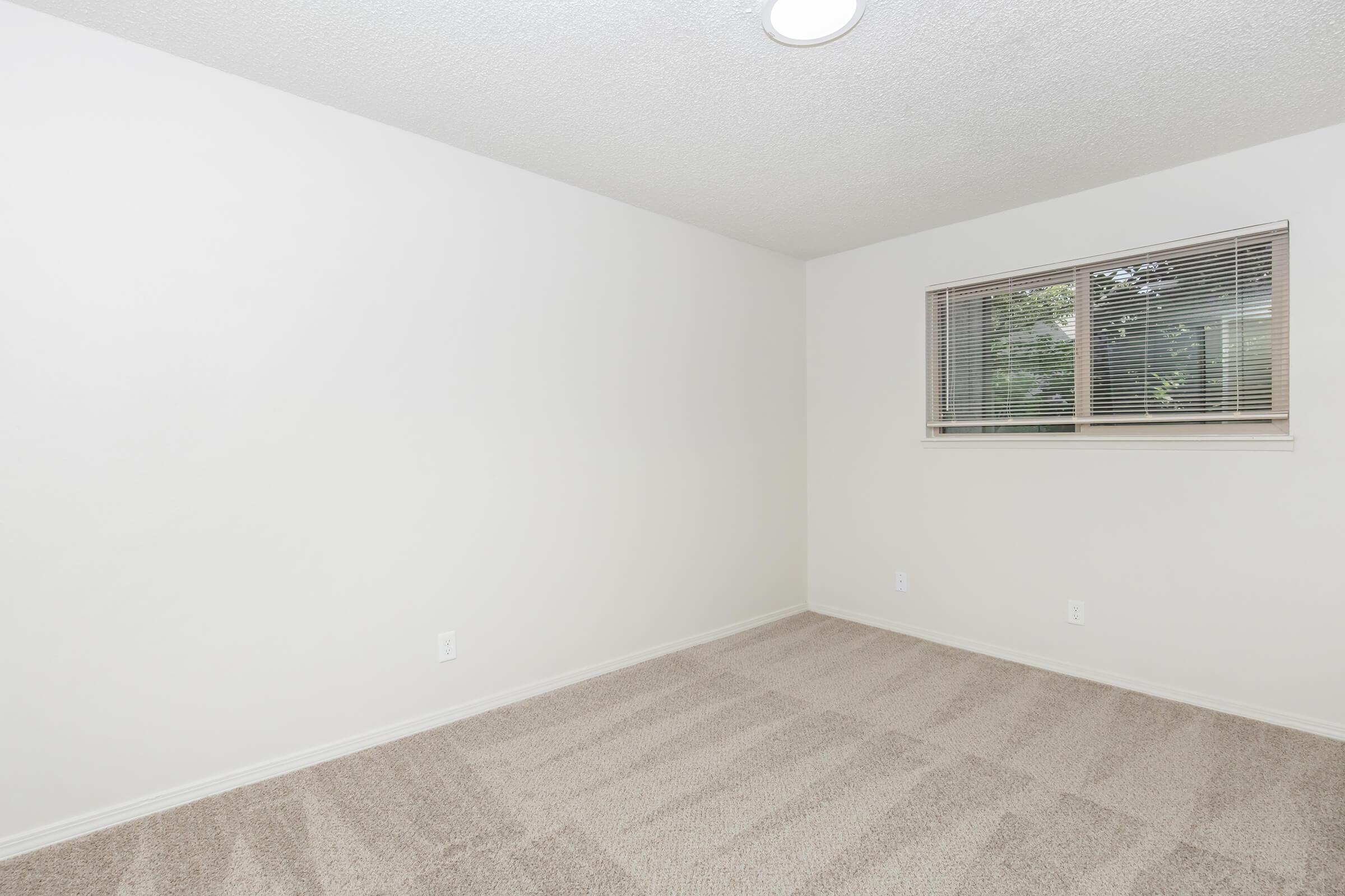An empty room with light beige carpet and white walls. It features a single window with blinds, allowing natural light to enter. The space is uncluttered and devoid of furniture, creating a simple and clean aesthetic. The ceiling has a circular light fixture, providing illumination.