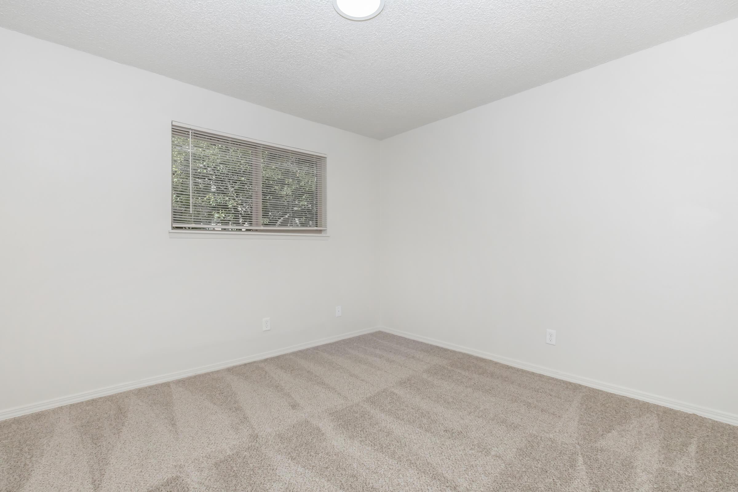 Empty room with light-colored walls and a window featuring blinds. The floor is covered in beige carpet, and there is a ceiling light. The space appears well-lit and unadorned, creating a simple and clean atmosphere.