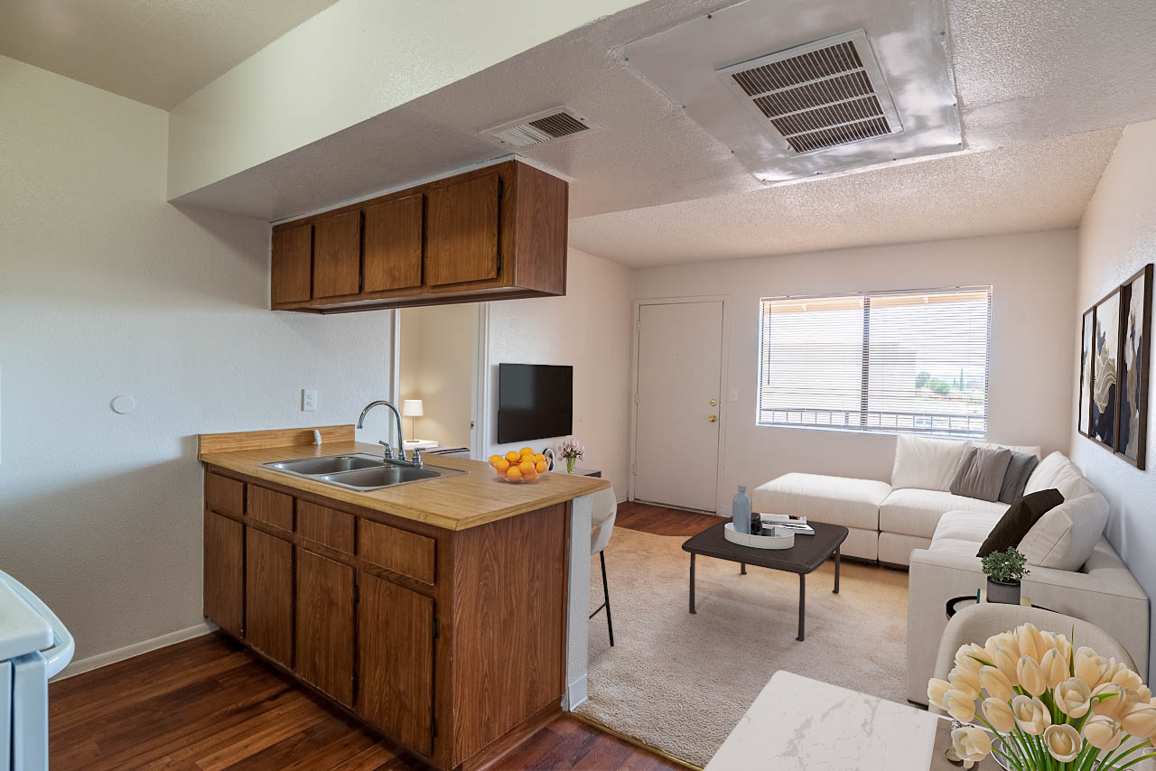 A modern, cozy living area with an open kitchen. The kitchen features a wooden countertop with a double sink, and there are cabinets above. In the living space, a white sofa faces a small coffee table, while a door leads outside. Natural light streams in through a window. A neutral rug adds warmth to the space.
