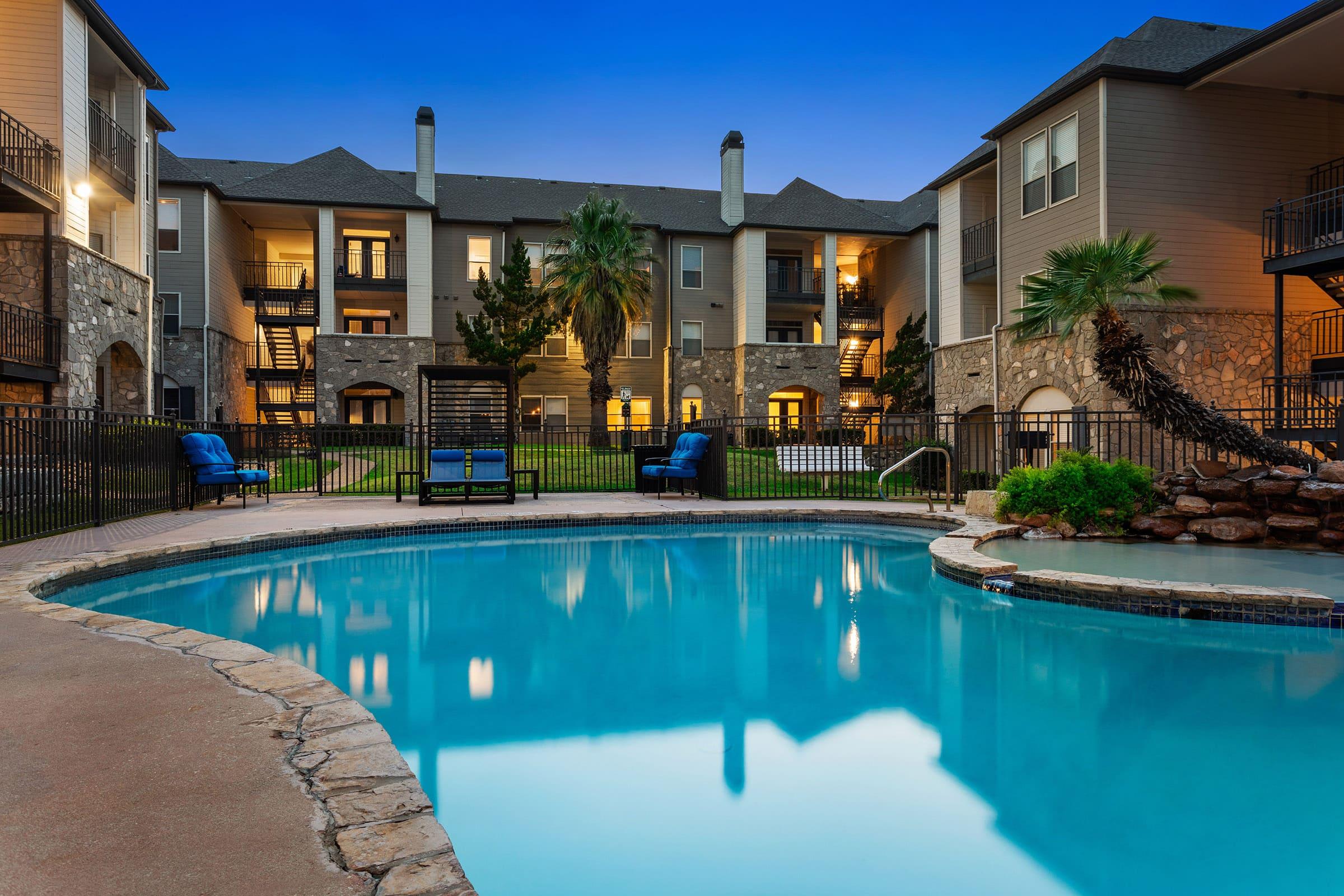 a pool of water in front of a building