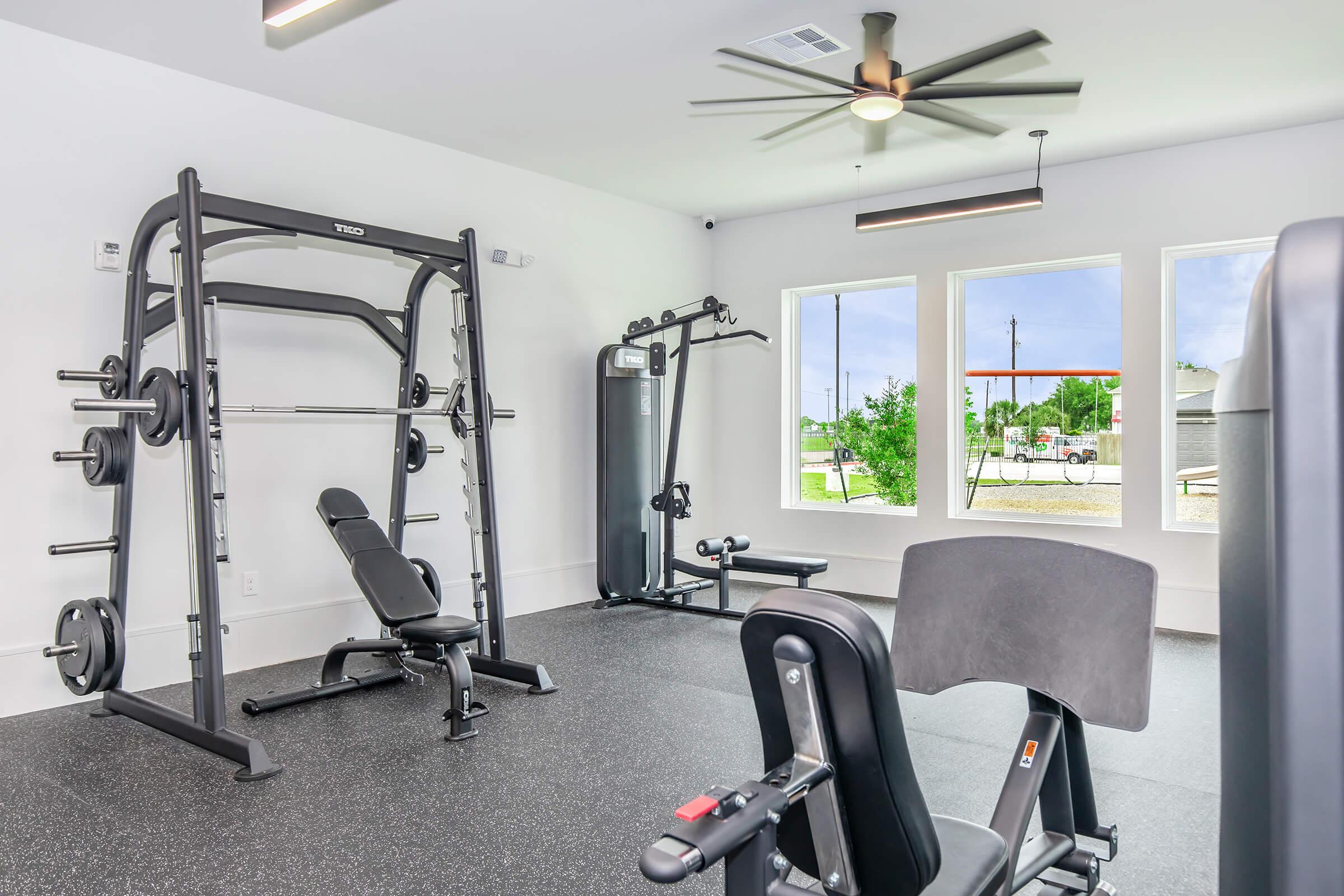 A modern gym interior featuring workout equipment such as a squat rack, weight bench, and multi-station machine. The space has a sleek design with large windows allowing natural light and a ceiling fan for ventilation, all set on a dark rubber floor.
