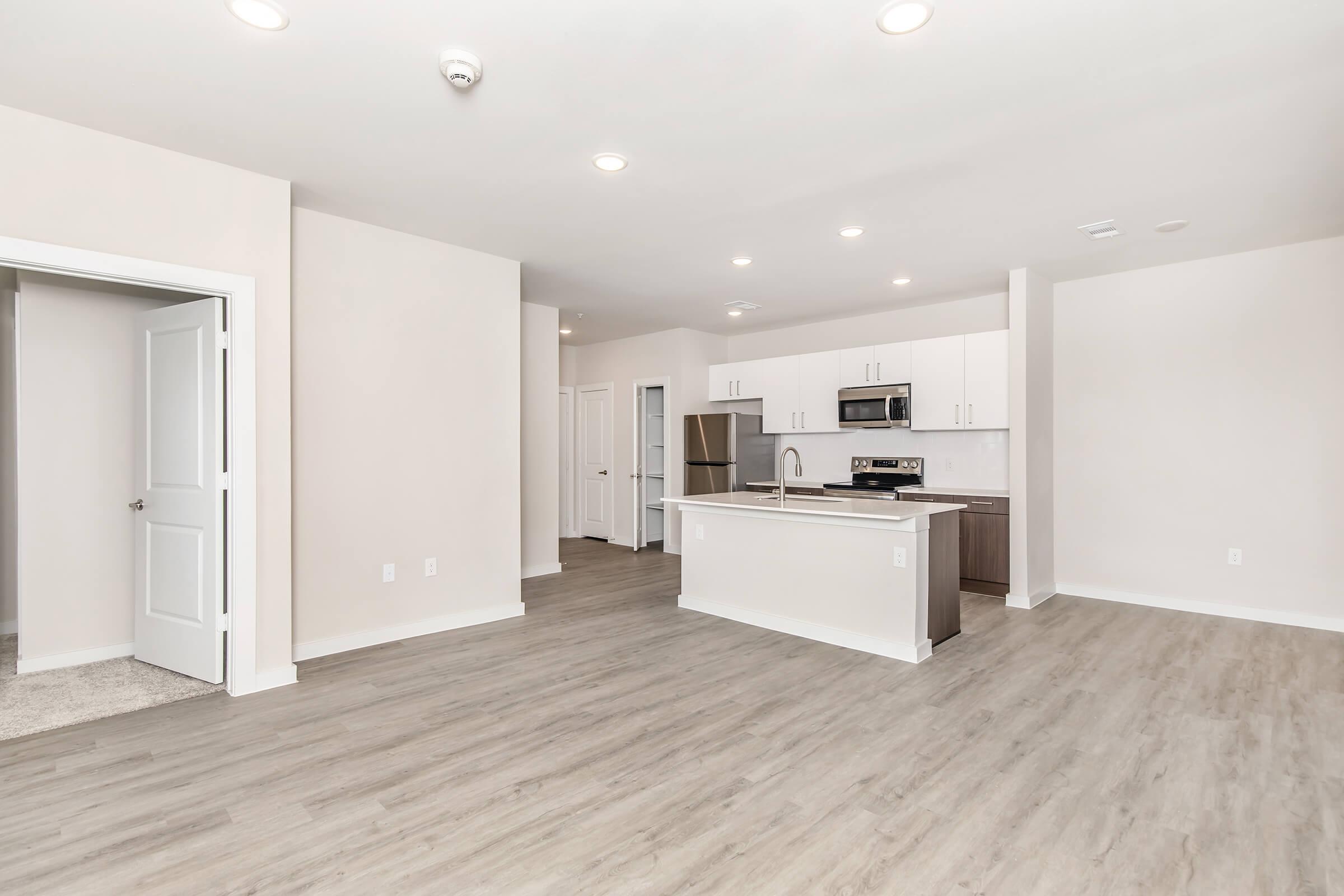 Modern open-concept living space featuring a kitchen with stainless steel appliances, light-colored cabinetry, and a spacious dining area. The room has neutral walls, recessed lighting, and durable flooring. Two doorways lead to other areas, providing easy access and a bright, airy feel to the space.