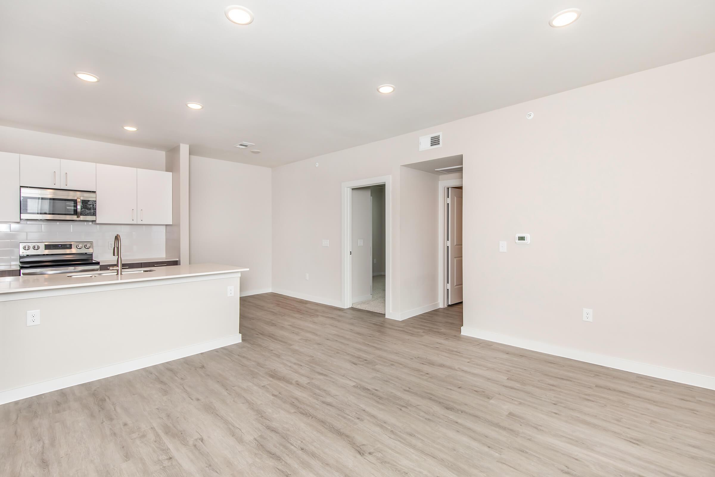 Modern, empty living space featuring light-colored walls and hardwood floors. The kitchen area includes white cabinetry and stainless steel appliances. A doorway leads to an adjacent room, and there is ample natural light from overhead lighting fixtures. The overall aesthetic is clean and minimalist.