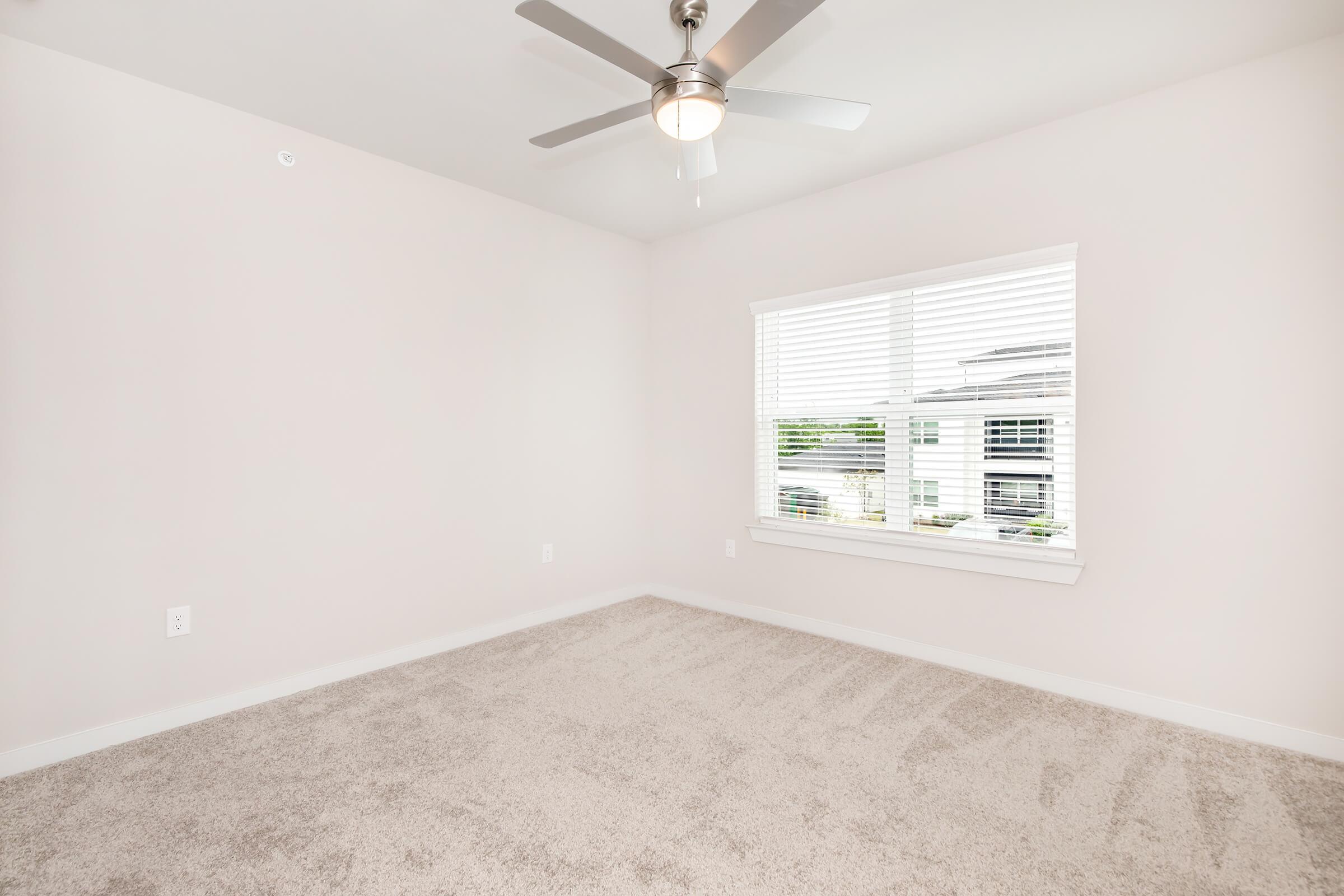A spacious, empty room with light gray walls and plush beige carpeting. There is a ceiling fan in the center and a large window with white blinds, allowing natural light to flood the space. The room appears freshly painted and ready for furnishing.