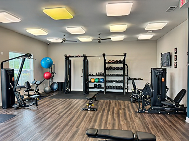 A well-equipped gym space featuring various exercise machines, weights on shelves, exercise balls, and a weight bench. The room is brightly lit with overhead lights and has a modern, clean design. Large windows provide natural light, enhancing the workout environment.
