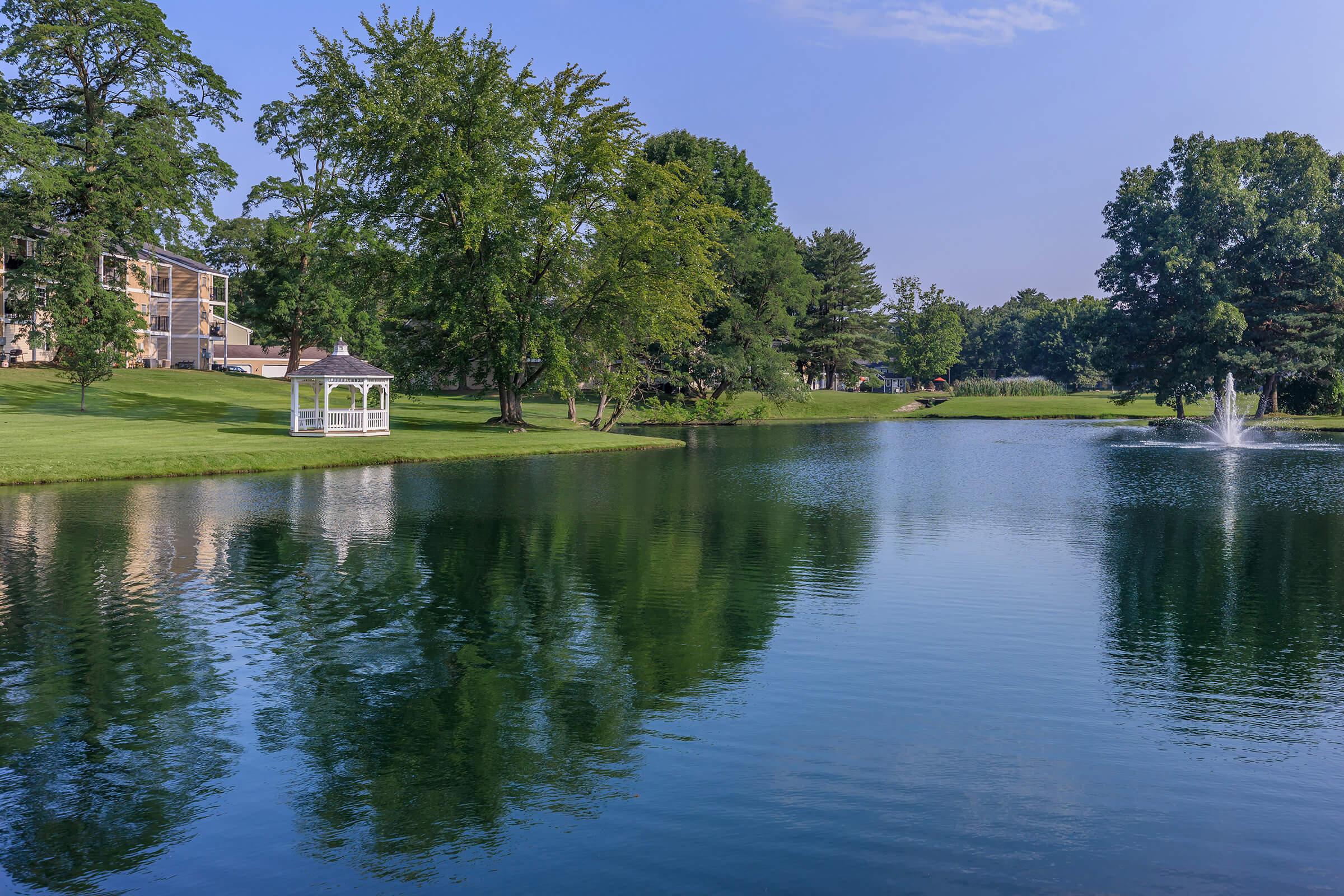 a small pond in front of a lake surrounded by a body of water