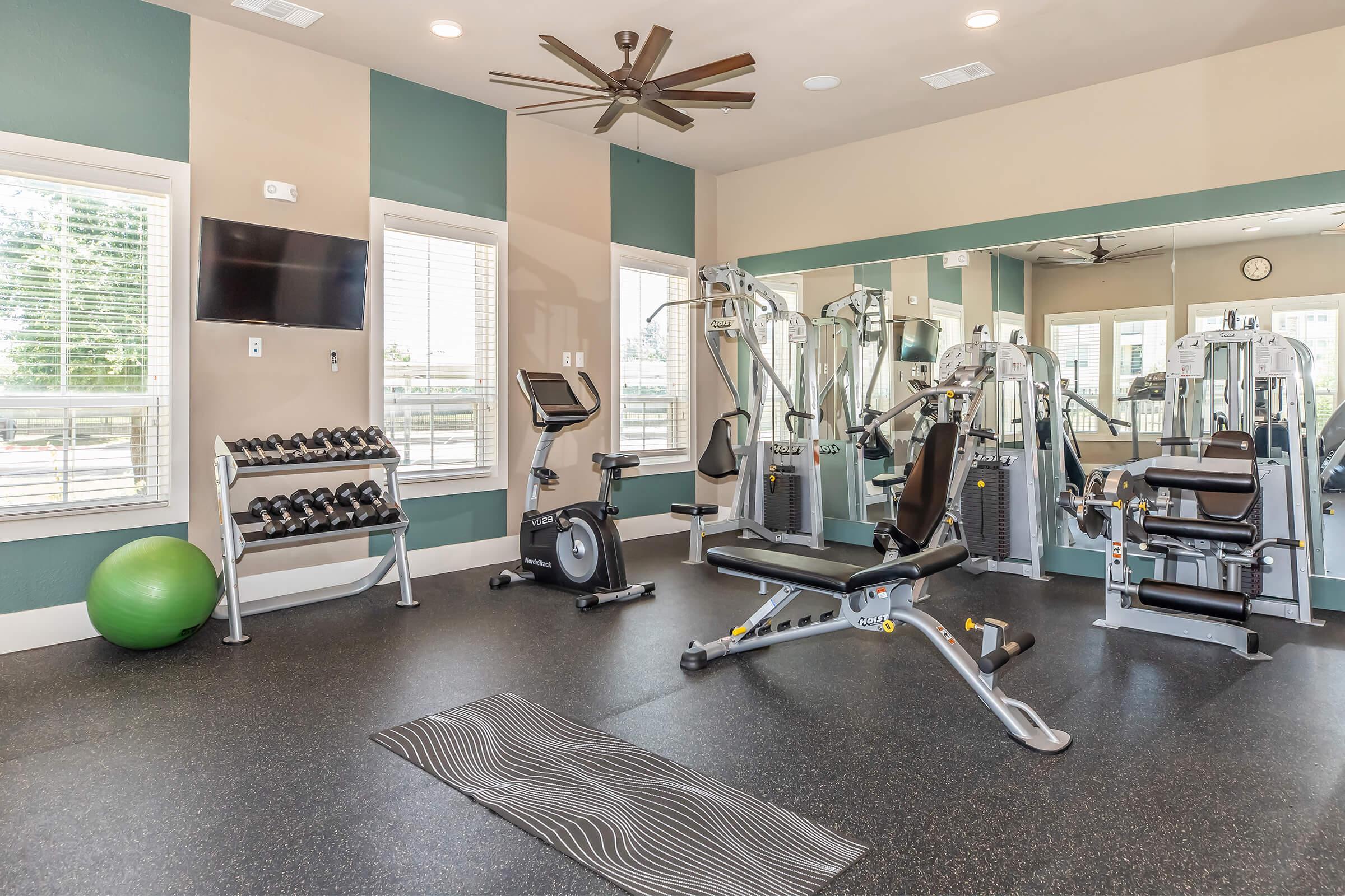 A modern gym interior showcasing fitness equipment. Features include weightlifting benches, dumbbells, a stationary bike, and multi-gym machines. The room has large windows for natural light, a ceiling fan, and a green exercise ball, creating an inviting workout space.