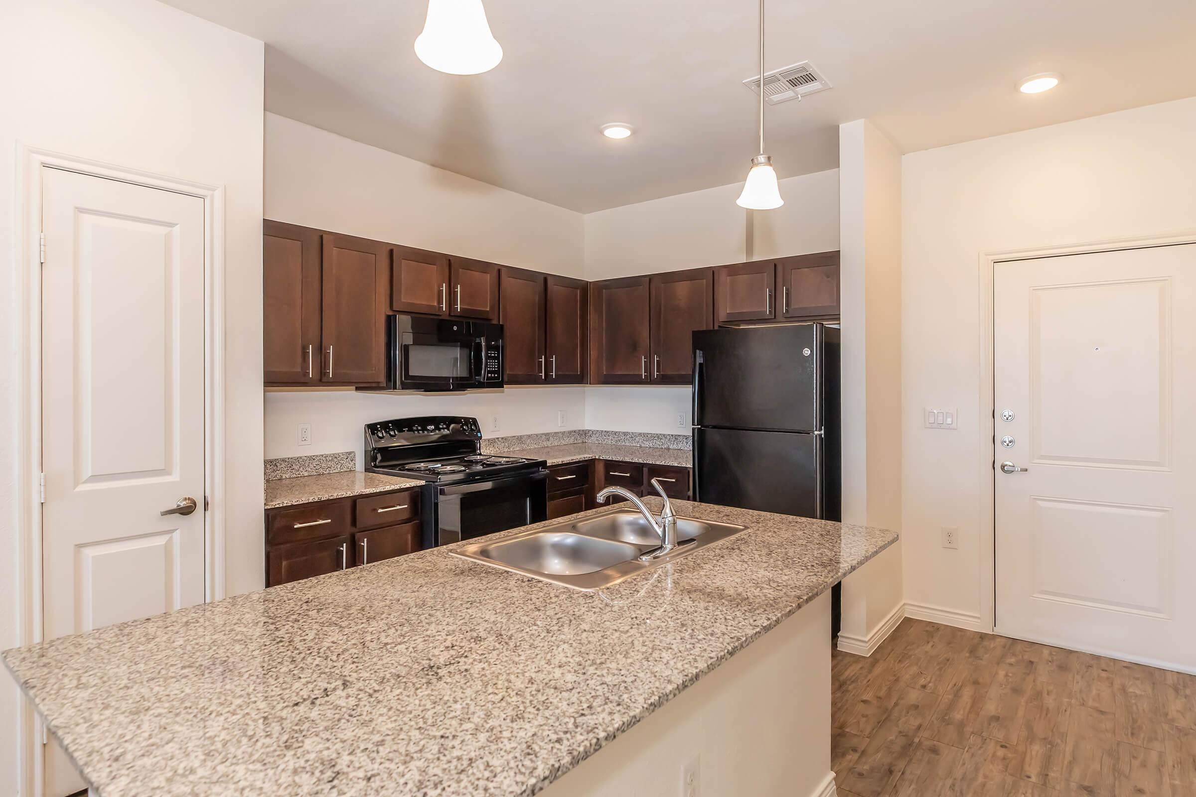 Modern kitchen featuring dark wooden cabinets, granite countertops, and stainless steel appliances. The kitchen island includes a double sink, and there are pendant lights above. A black refrigerator and microwave are visible, along with a doorway that leads to the entrance of the apartment.