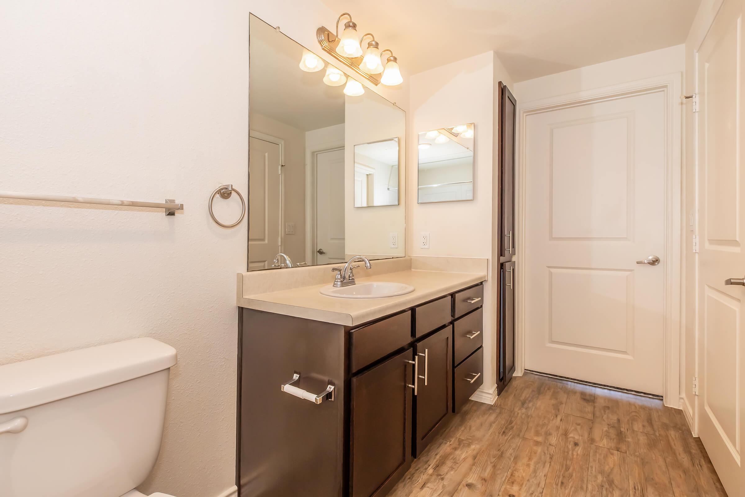 Modern bathroom featuring a double vanity with a beige countertop, dark cabinetry, and a large mirror above. The space includes a white toilet and a door leading to another room. Natural light brightens the area, highlighting the wood-like flooring and neutral walls. Overall, the design is clean and contemporary.