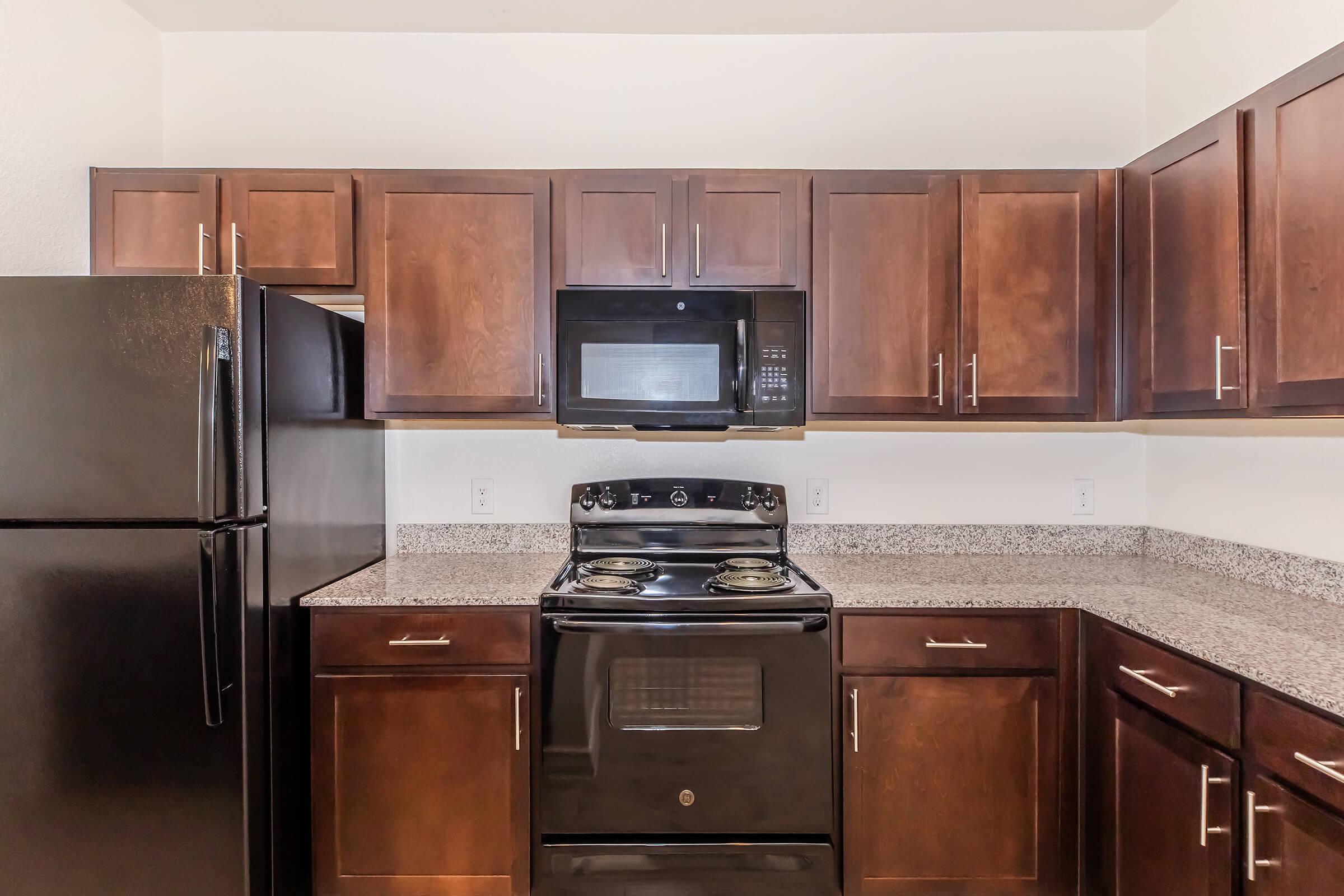 A modern kitchen with dark wood cabinets, a black refrigerator, a black stove, and a microwave. The countertop is granite, providing a sleek look. The overall design features a clean and contemporary aesthetic, with ample storage and appliances for cooking and food preparation.