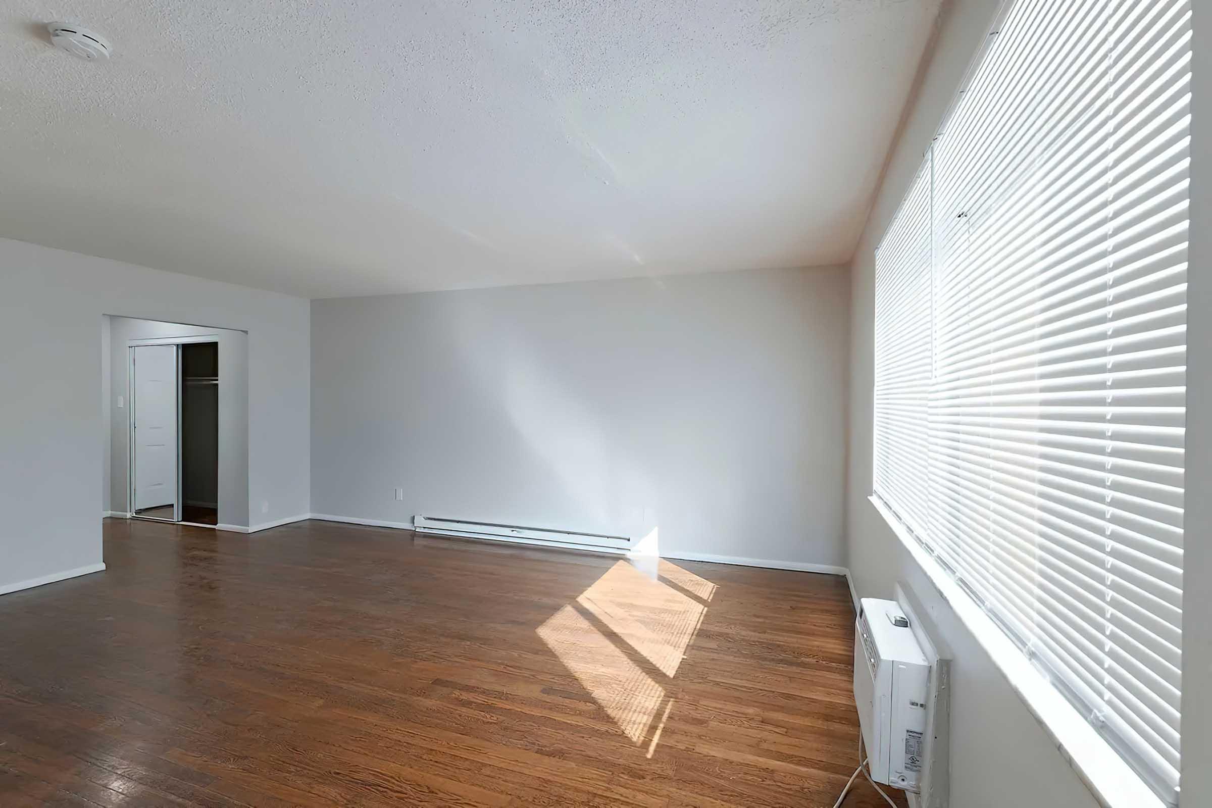 Spacious room with hardwood flooring, featuring large windows with blinds that allow natural light to enter. A wall-mounted heater is visible, and a doorway leads to a closet. The walls are painted light gray, creating a bright and airy atmosphere.