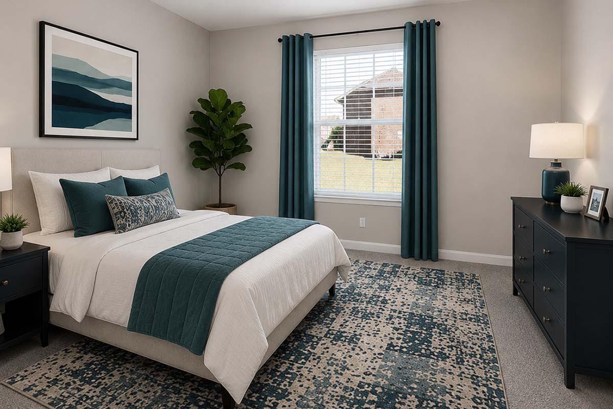A cozy bedroom featuring a queen-sized bed with a teal and white color scheme, accented by decorative pillows. There’s a large window with teal curtains, allowing natural light to enter. A bedside table and dresser in dark wood are present, along with a piece of abstract wall art and a potted plant for decoration.