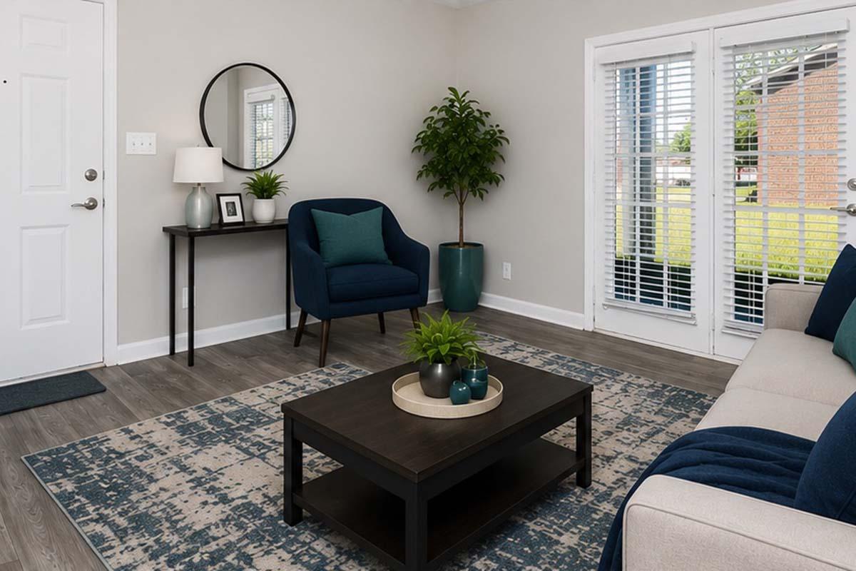 A cozy living room featuring a light gray wall, a white front door, and large windows with white blinds. There’s a dark wood coffee table at the center with plants and decorative items, a blue armchair, and a small table with a lamp and a framed picture. A stylish area rug complements the space.