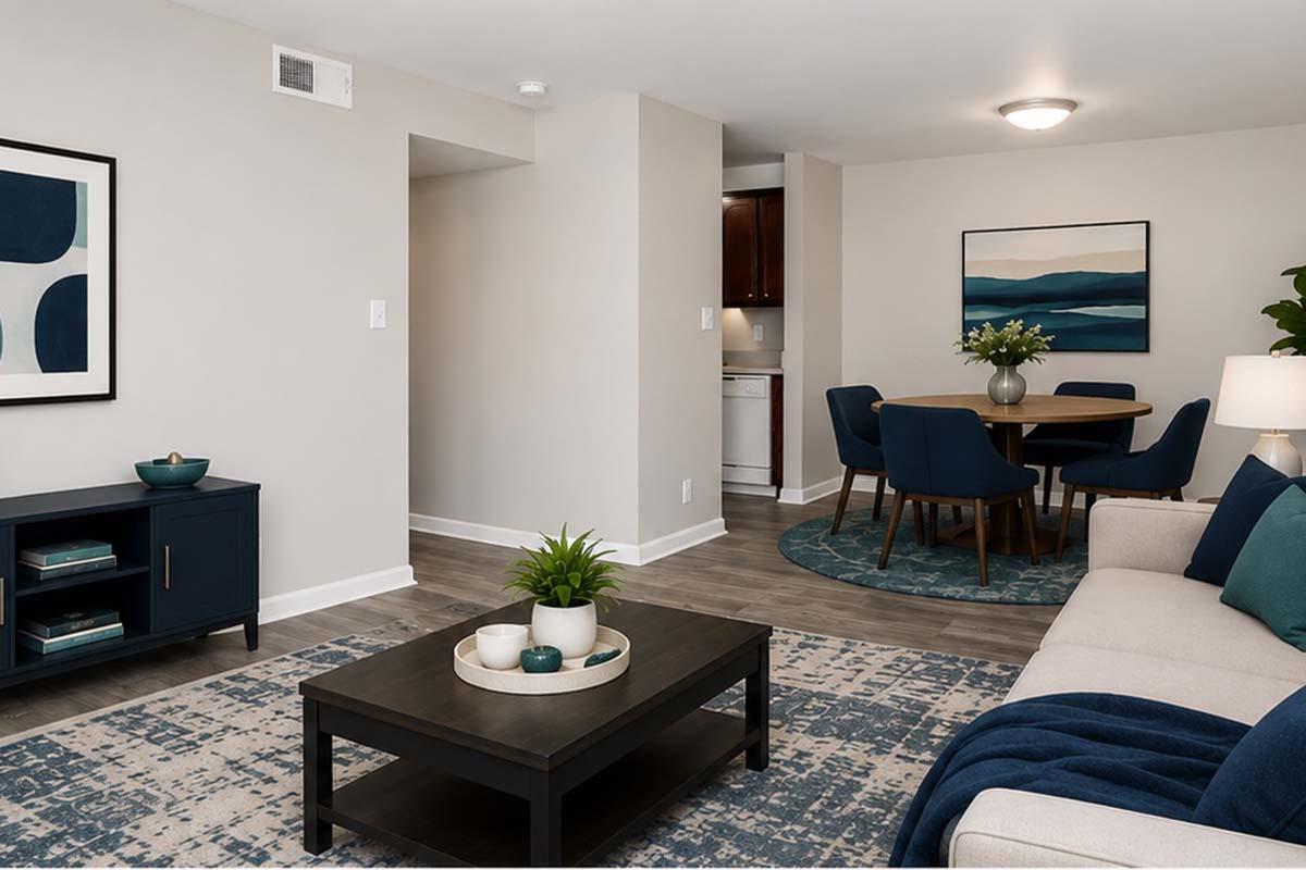 A modern living room featuring a beige sofa with blue accents, a dark wooden coffee table with decorative items, and a patterned area rug. In the background, a dining area with a round table surrounded by blue chairs. The walls are painted light gray, and there’s an abstract wall art piece and potted plants for decoration.