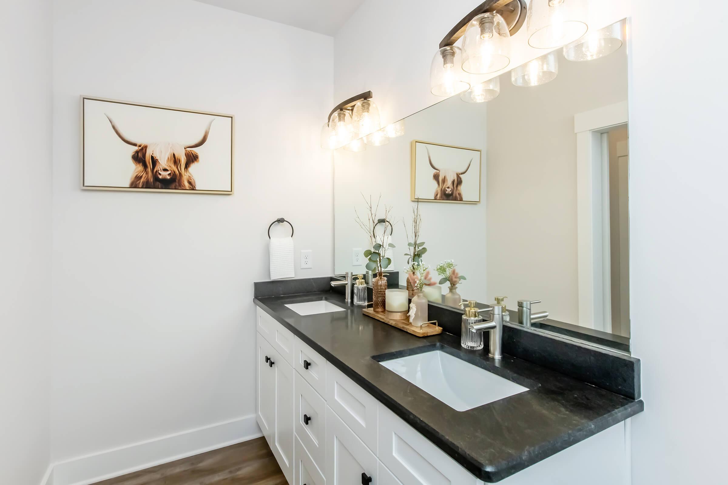 A modern bathroom featuring a double vanity with a black countertop and two sinks. Above the vanity, there is a large, well-lit mirror. A framed picture of a cow's face decorates the wall. The space includes decorative plants and toiletries, emphasizing a clean and stylish design.