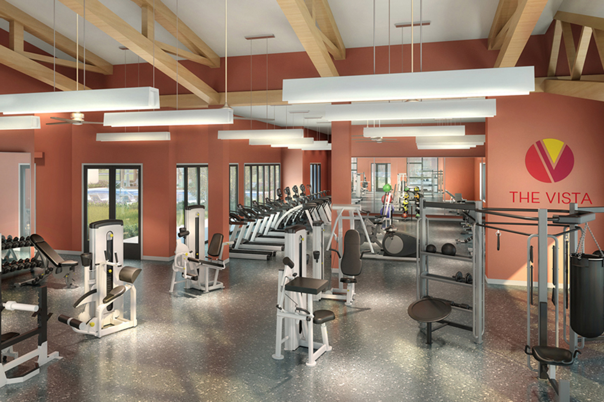 A modern gym interior featuring various exercise equipment, including weight machines, free weights, and cardio machines. The space has large windows allowing natural light, wooden beams on the ceiling, and bright orange walls, with a logo for "The Vista" prominently displayed.
