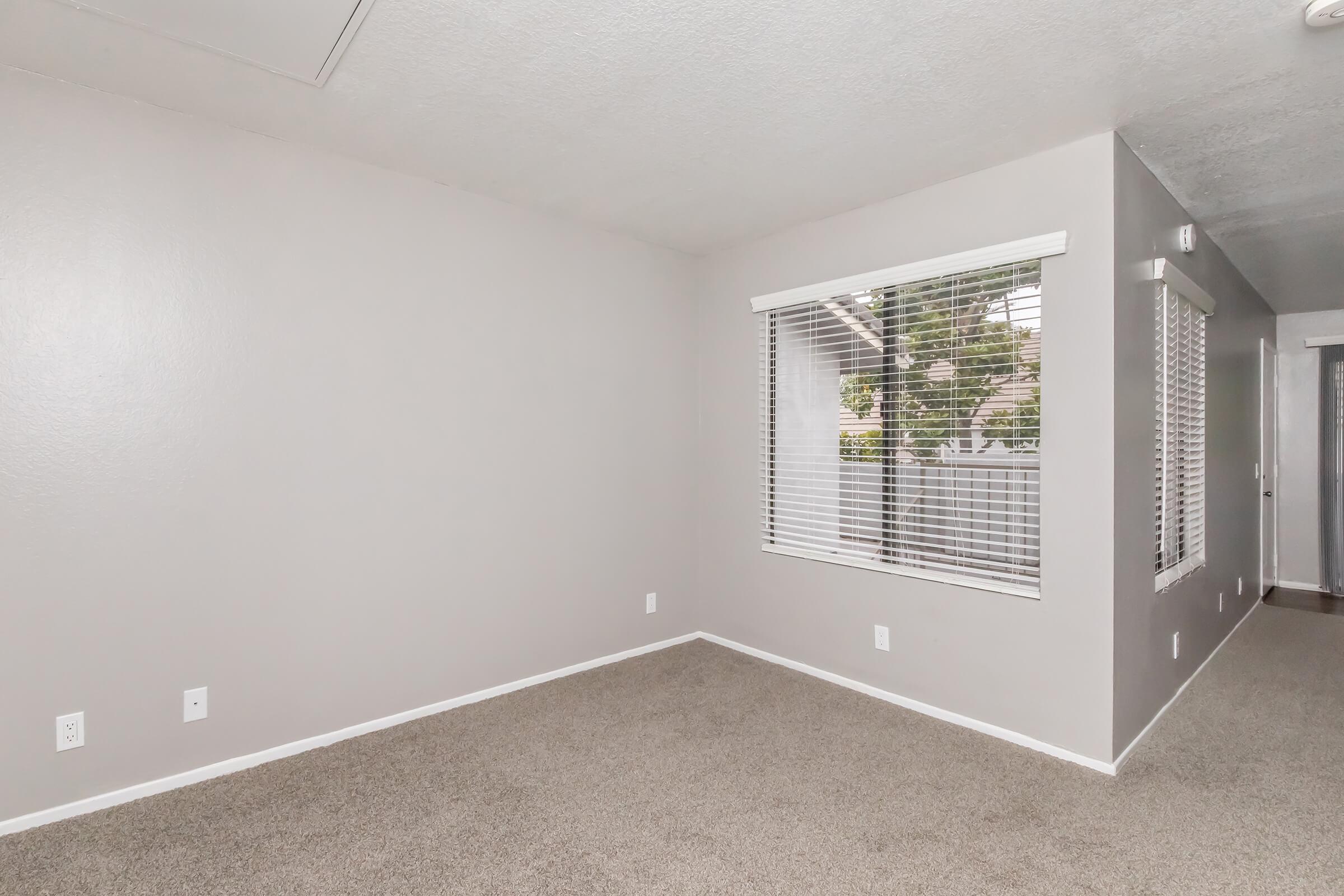 Interior view of a light gray room with carpeted flooring. One wall features a large window with white blinds letting in natural light, while another wall has two smaller windows. The walls are plain and unadorned, creating a minimalist atmosphere.
