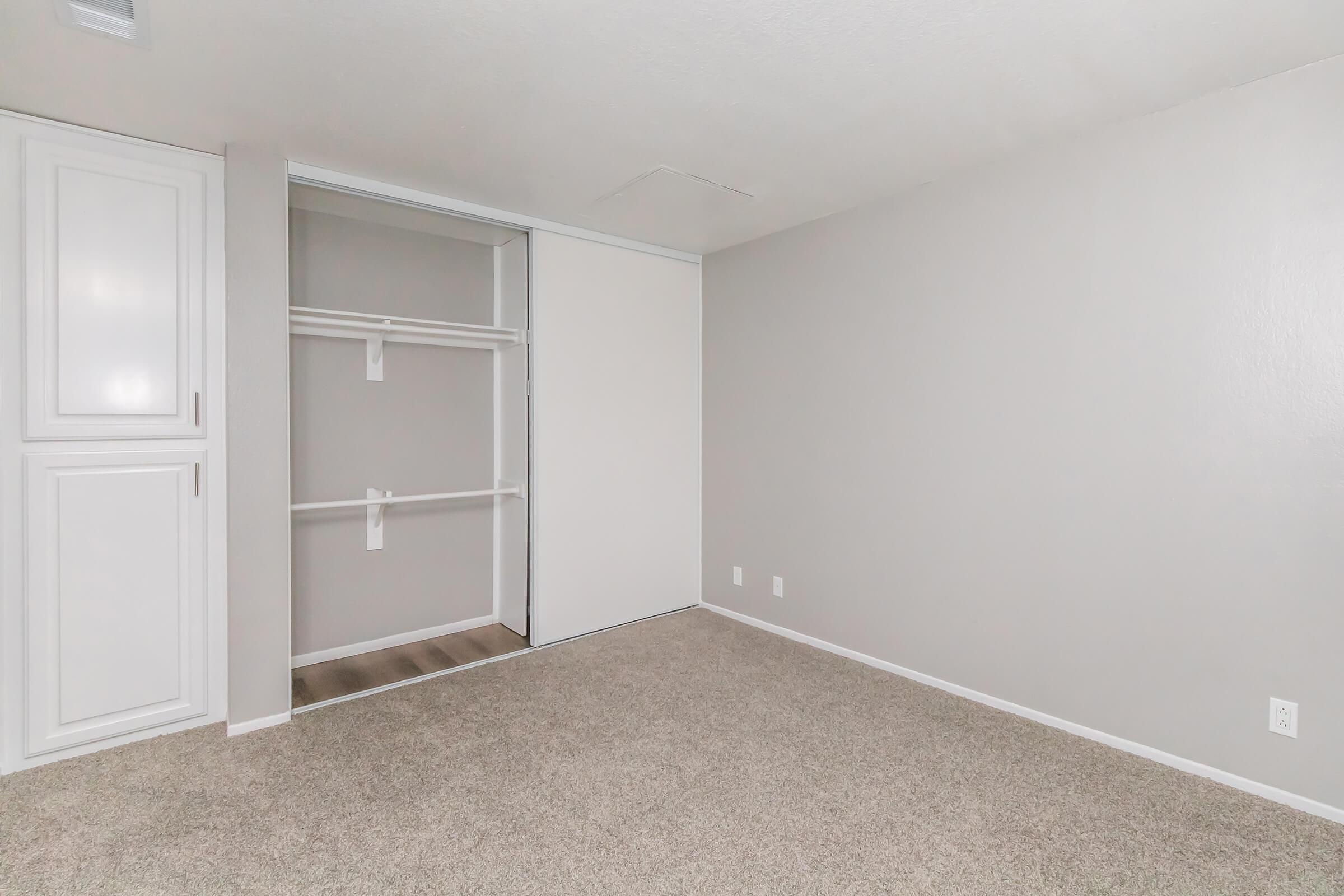 A spacious, empty room featuring beige carpet and light gray walls. On one side, there is a white closet with sliding doors, neatly designed without any furniture or decor, creating a minimalist and open atmosphere.