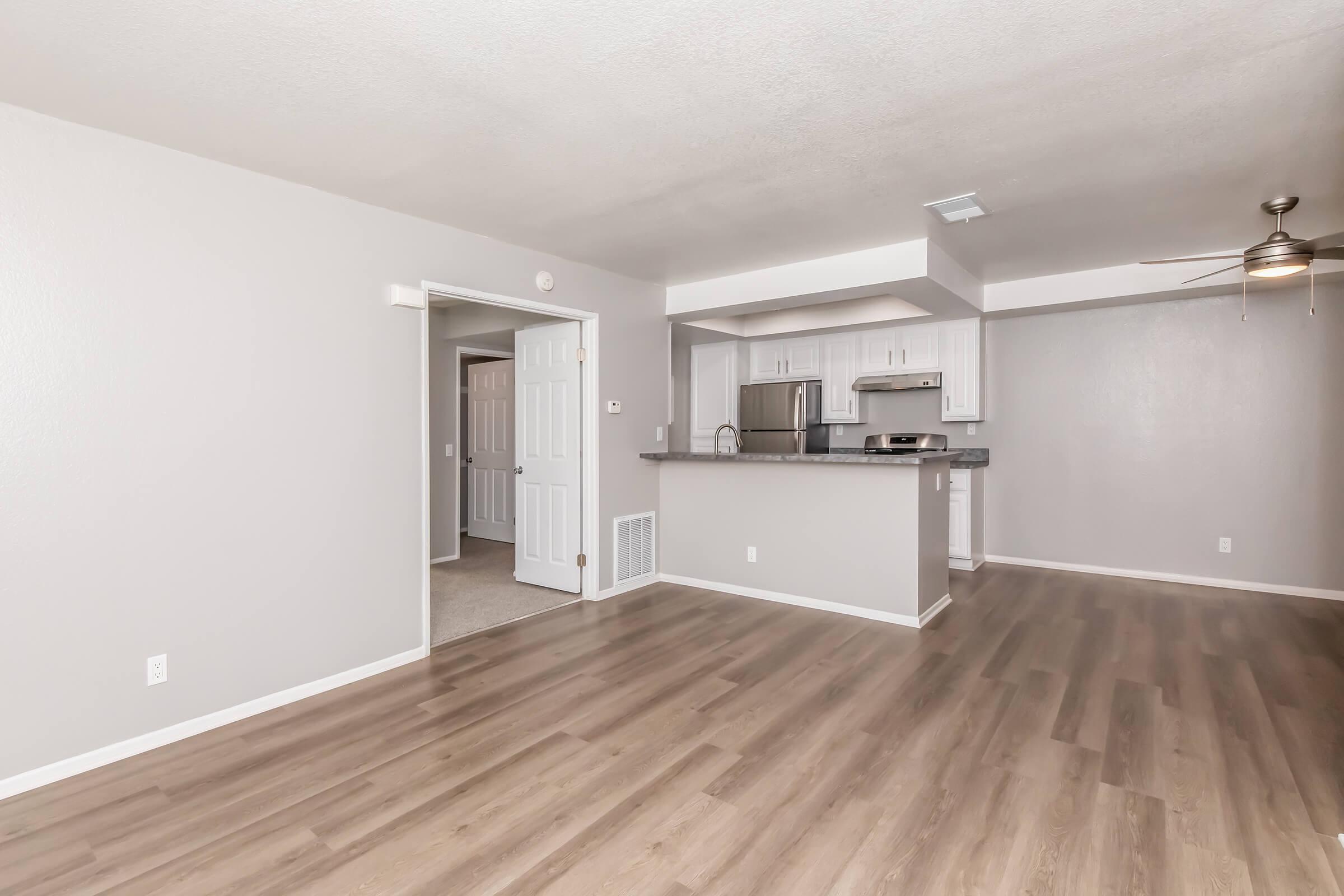 A spacious living area with light gray walls and laminate flooring. The open floor plan includes a kitchen with a countertop, stainless steel appliances, and a ceiling fan. A doorway leads to another room, and there’s a light switch on the wall. The overall ambiance is bright and modern.