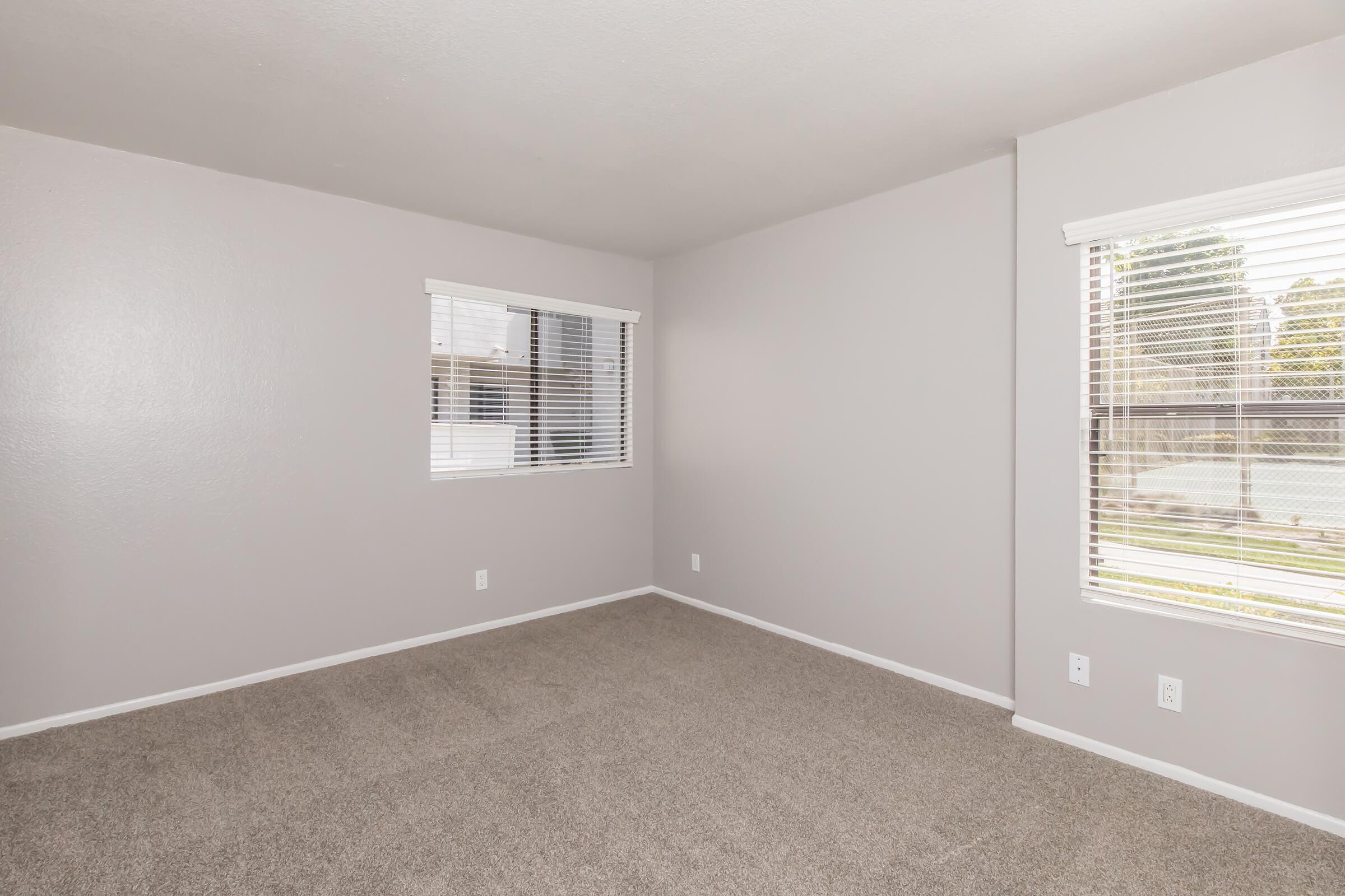Empty room with light gray walls and beige carpet. Features two windows with blinds, providing natural light. The space is clean and uncluttered, suitable for various uses.