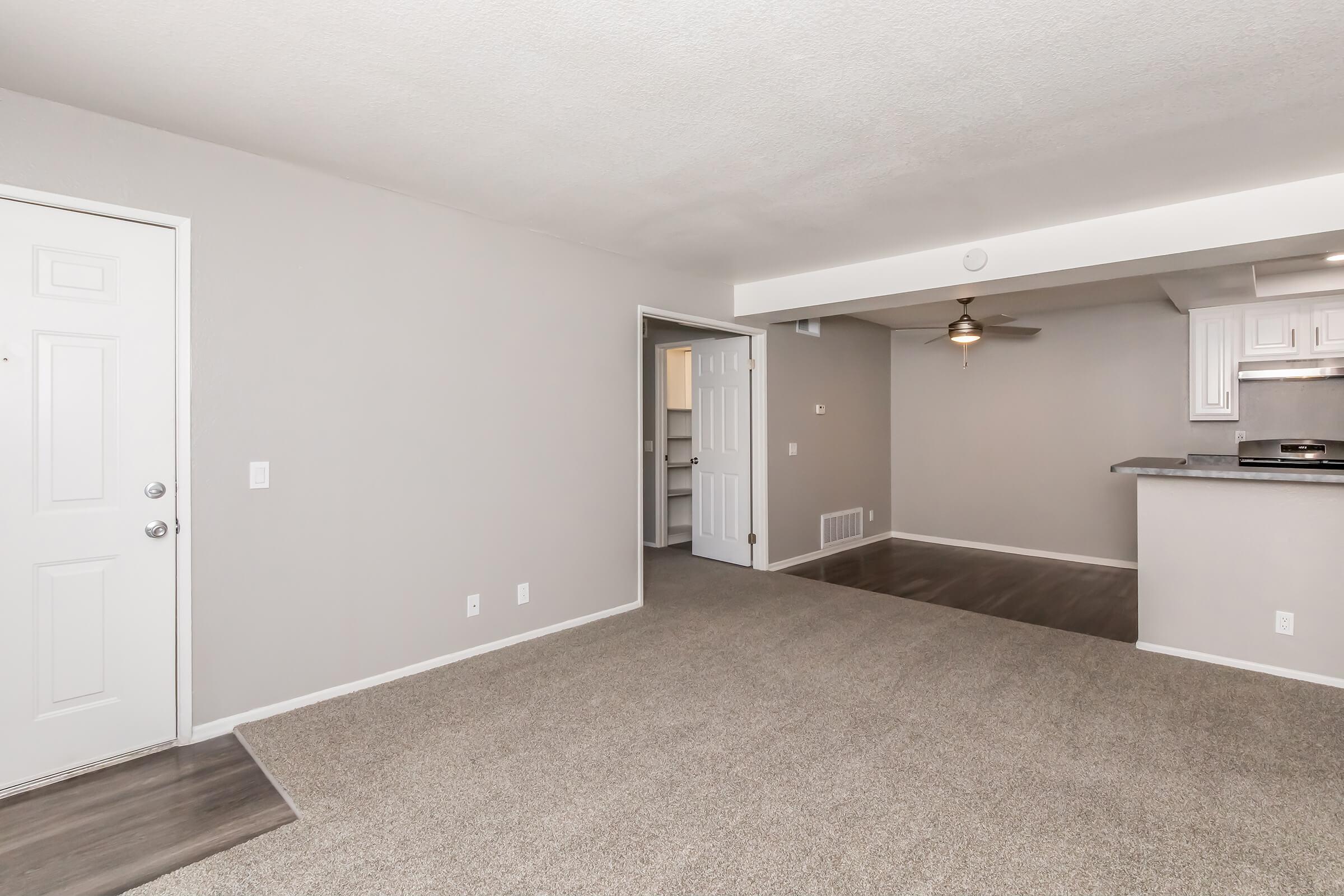Spacious living area featuring gray walls, light-colored carpet, and a ceiling fan. To the left, a front door with a small window leads into the room. An open doorway on the right leads to another room, and a kitchen with white cabinetry is visible in the back, creating a modern and inviting atmosphere.