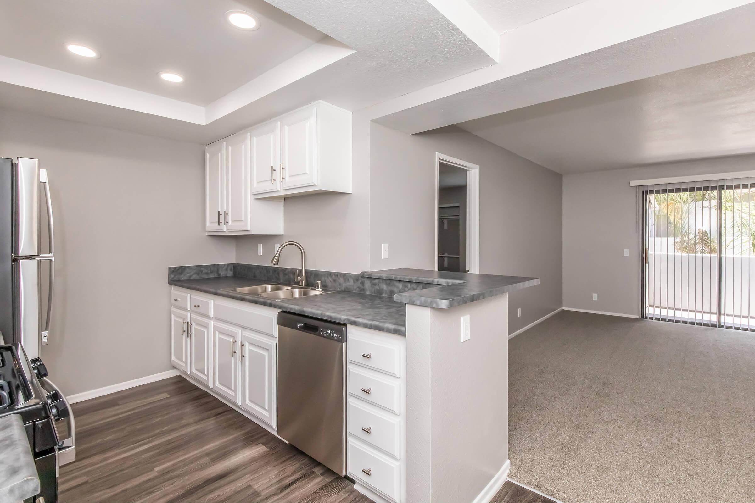 Modern kitchen featuring white cabinets, a stainless steel dishwasher, and a grey countertop. The open layout leads to a spacious living area with carpet and large sliding doors that open to an exterior space. Bright lighting from overhead fixtures enhances the inviting atmosphere.