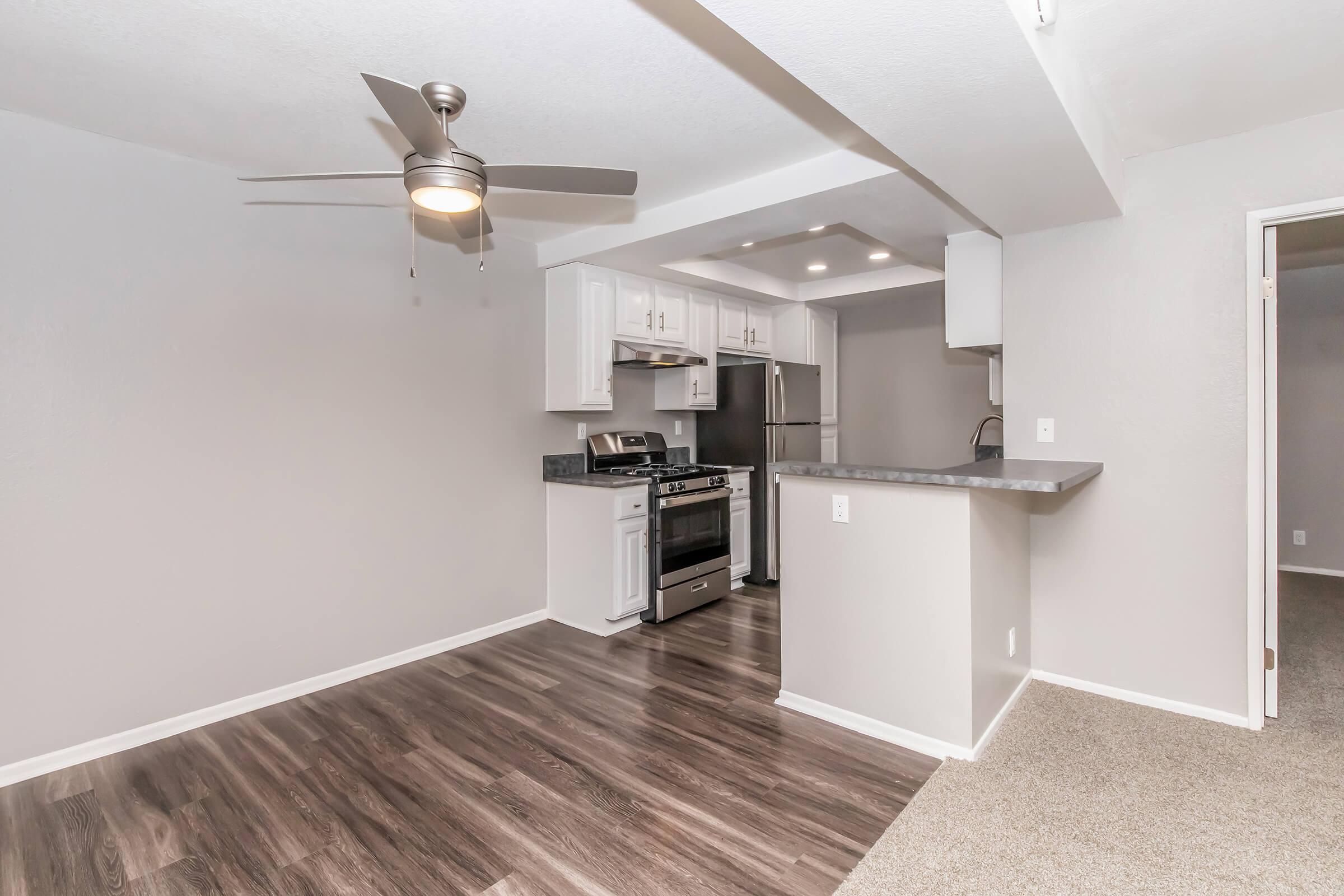 Modern kitchen and living area featuring a ceiling fan, stainless steel appliances, and sleek countertops. Light gray walls and hardwood flooring create a spacious, inviting atmosphere. A doorway leads to another room, and the overall design is contemporary and well-lit.