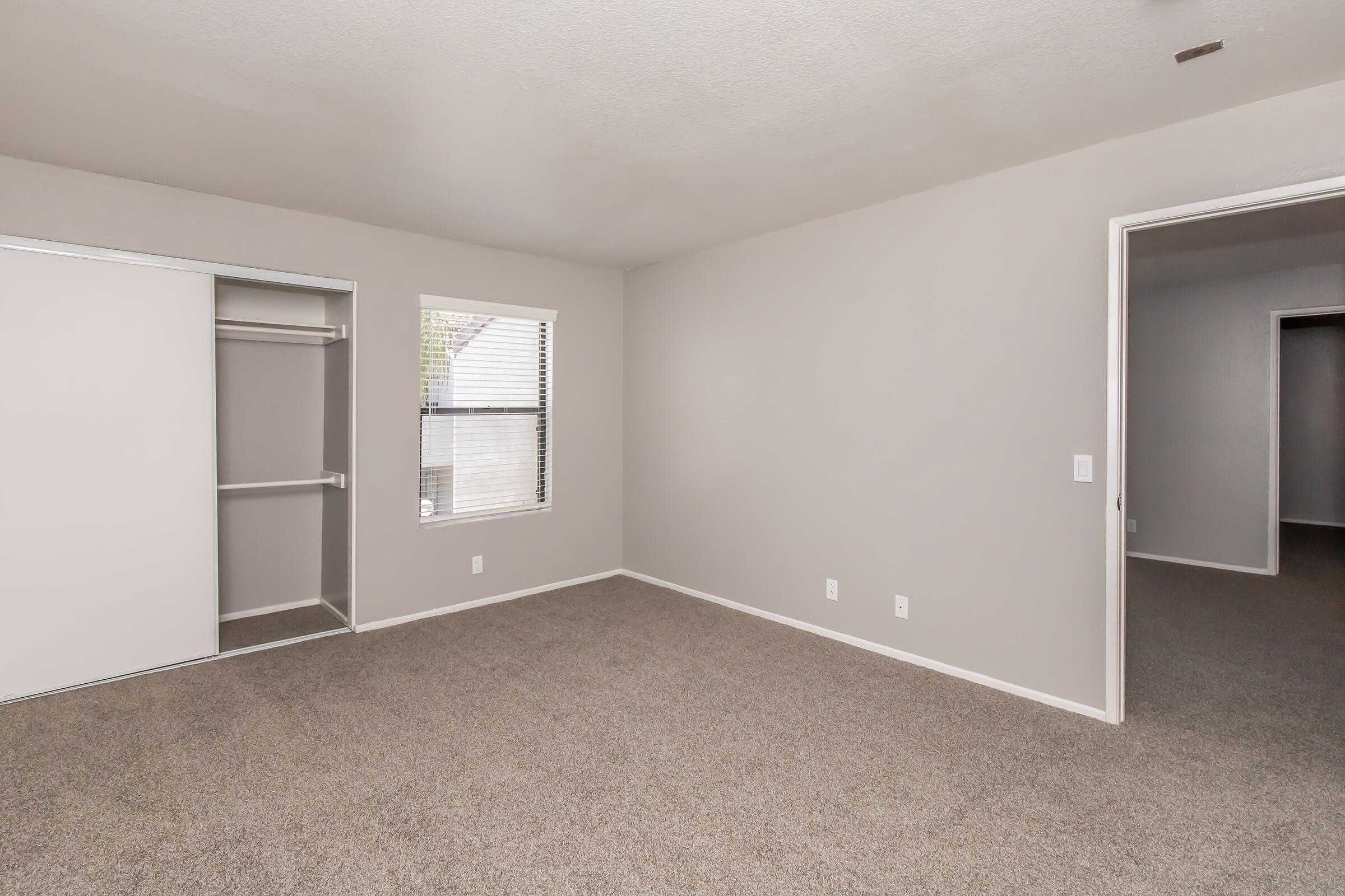 Interior view of a spacious, neutral-colored room with gray walls and carpet. A closet with sliding doors is visible on the left, and there are windows allowing natural light. The layout features doorways leading to adjacent areas, creating an open feel. Suitable for various uses such as a living room or bedroom.