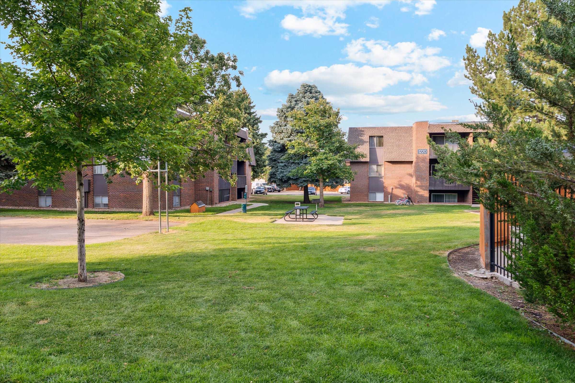 A grassy area featuring trees and shrubs, with two brick apartment buildings in the background. There is a picnic table and benches situated on the lawn, making the space inviting for outdoor gatherings. The sky is blue with scattered clouds, adding to the pleasant atmosphere.