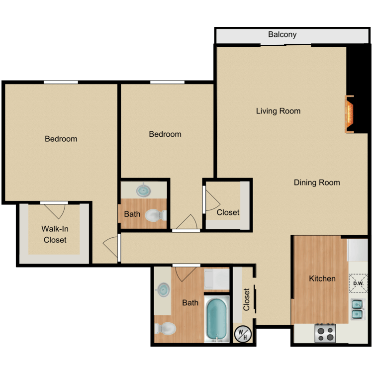 Floor plan image of 2 Bed 1.5 Bath H