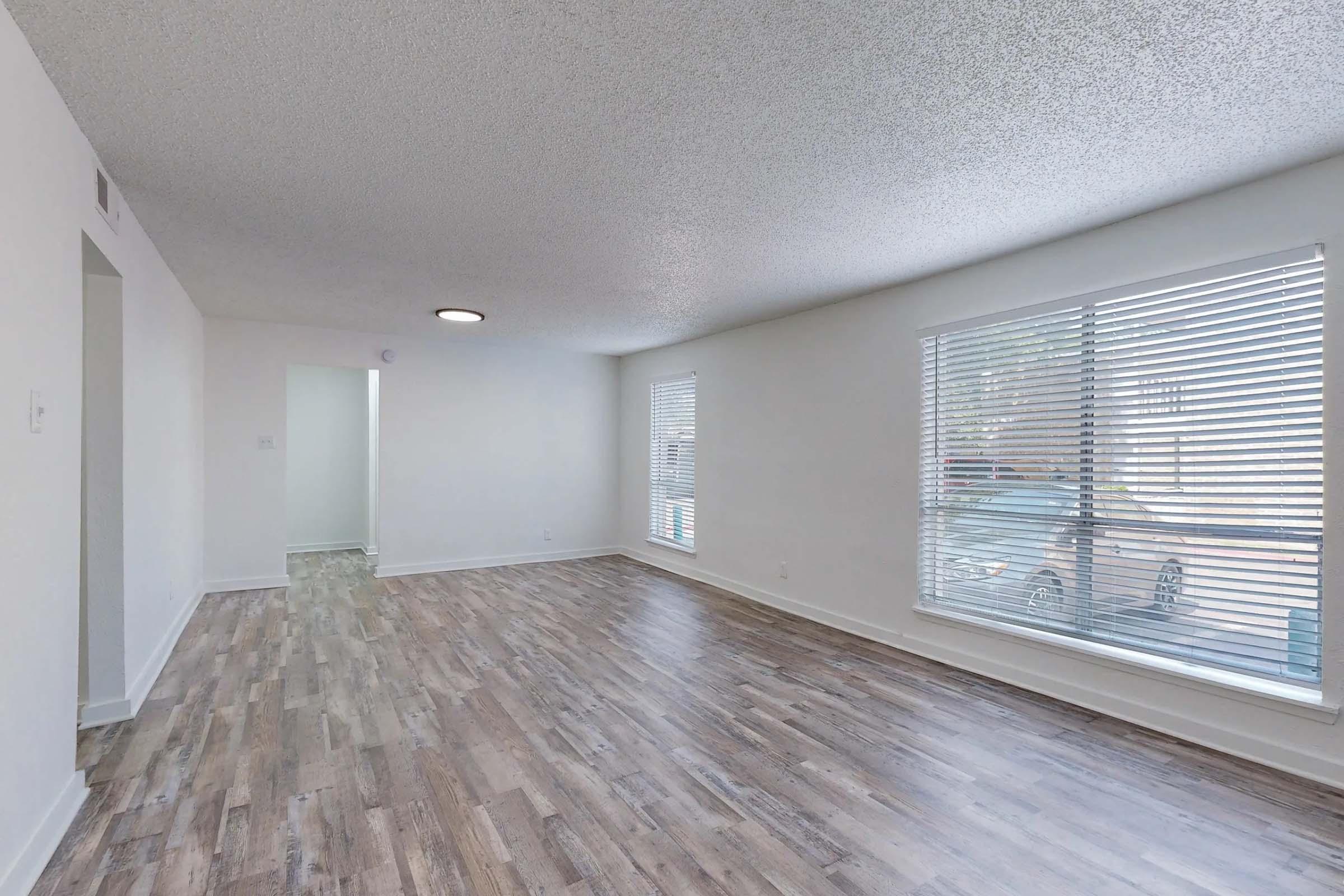 Spacious, brightly lit living room showcasing wooden flooring, large windows with blinds, and a clean, modern aesthetic. An adjacent doorway leads to another room, enhancing the open layout feel.