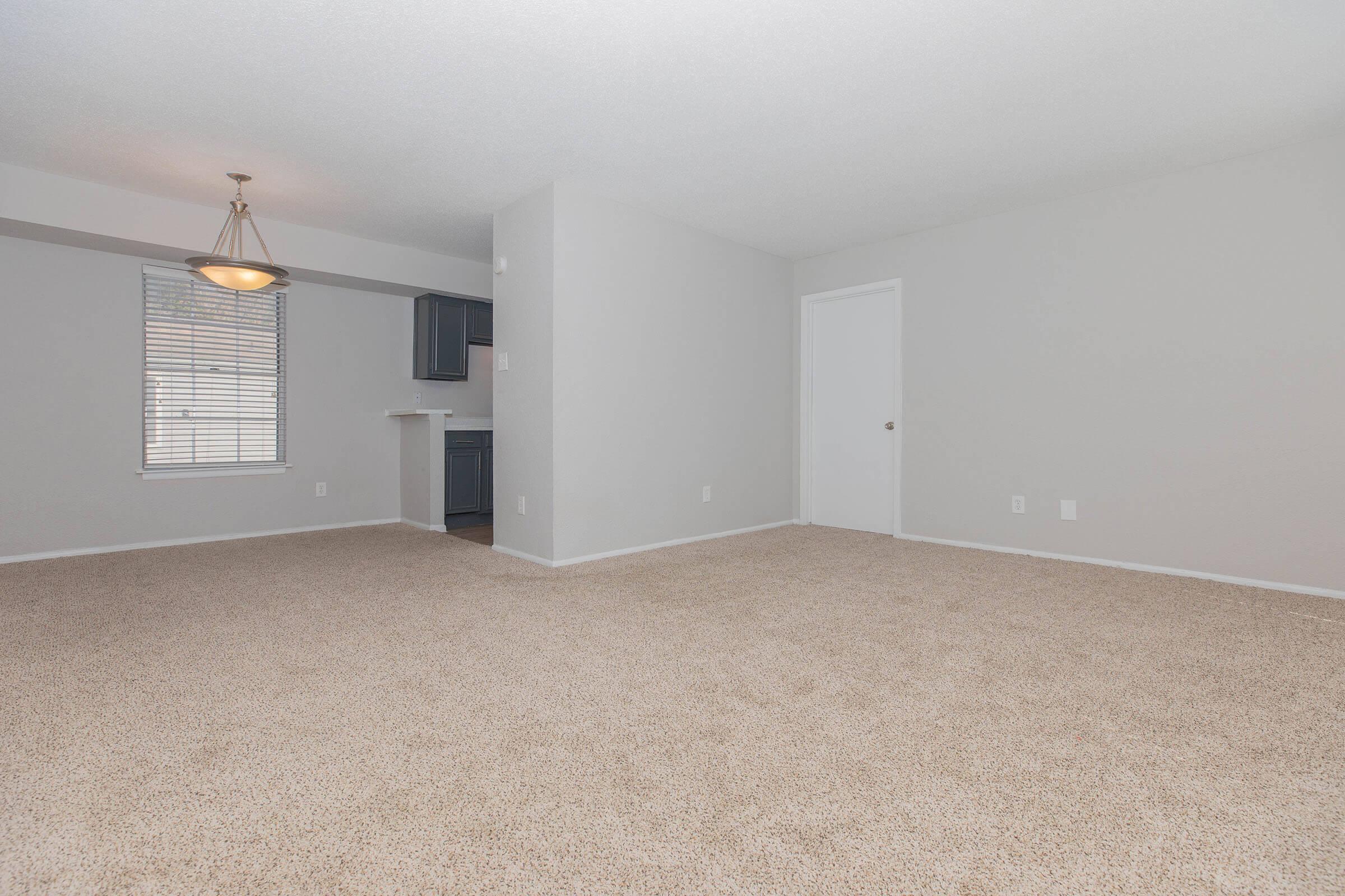 A spacious, empty living area with light-colored carpet, gray walls, and a ceiling light fixture. A window with blinds allows natural light, and there's a doorway leading to a kitchen with dark blue cabinets in the background. The room is unfurnished, creating a blank canvas for decoration.
