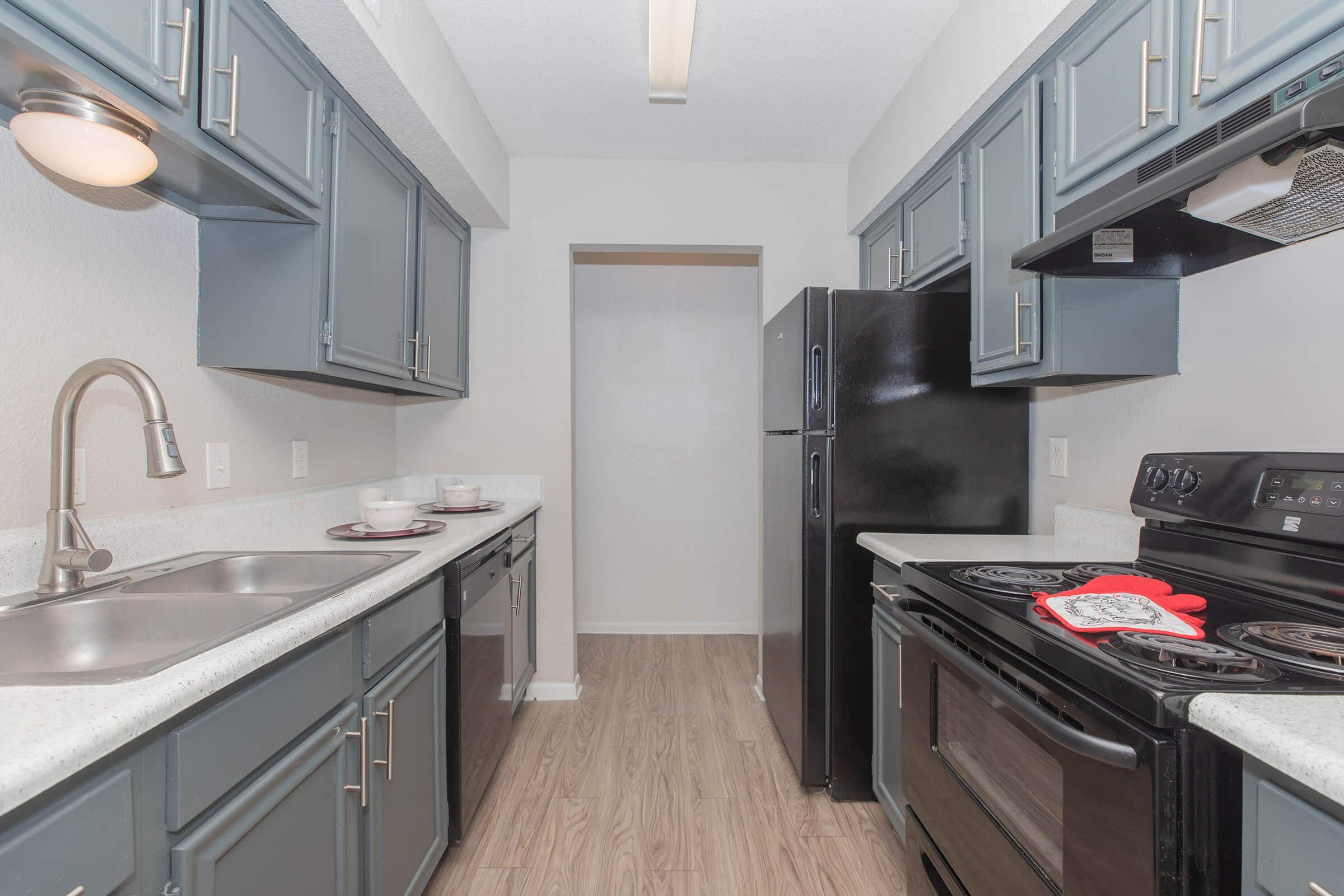 A modern kitchen featuring dark cabinetry, a double sink, a black refrigerator, and a black stove with a red oven mitt. The countertop is light-colored, and dishes are neatly arranged. The space has wooden flooring and a neutral-colored wall, creating a clean and contemporary atmosphere.