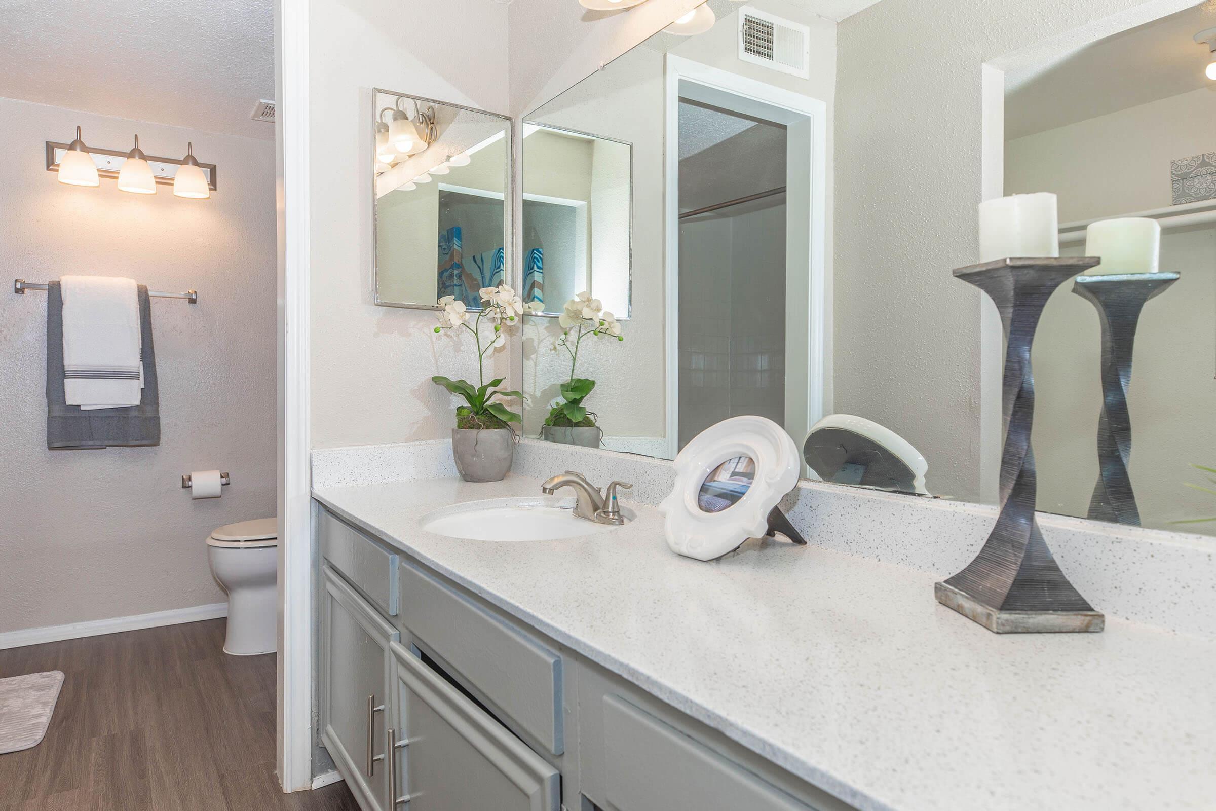 A modern bathroom featuring a double vanity with a white countertop, framed mirrors, a silver faucet, and decorative plants. White towels hang on the wall, and a toilet is visible in the background. Soft lighting from a fixture above creates a welcoming atmosphere.