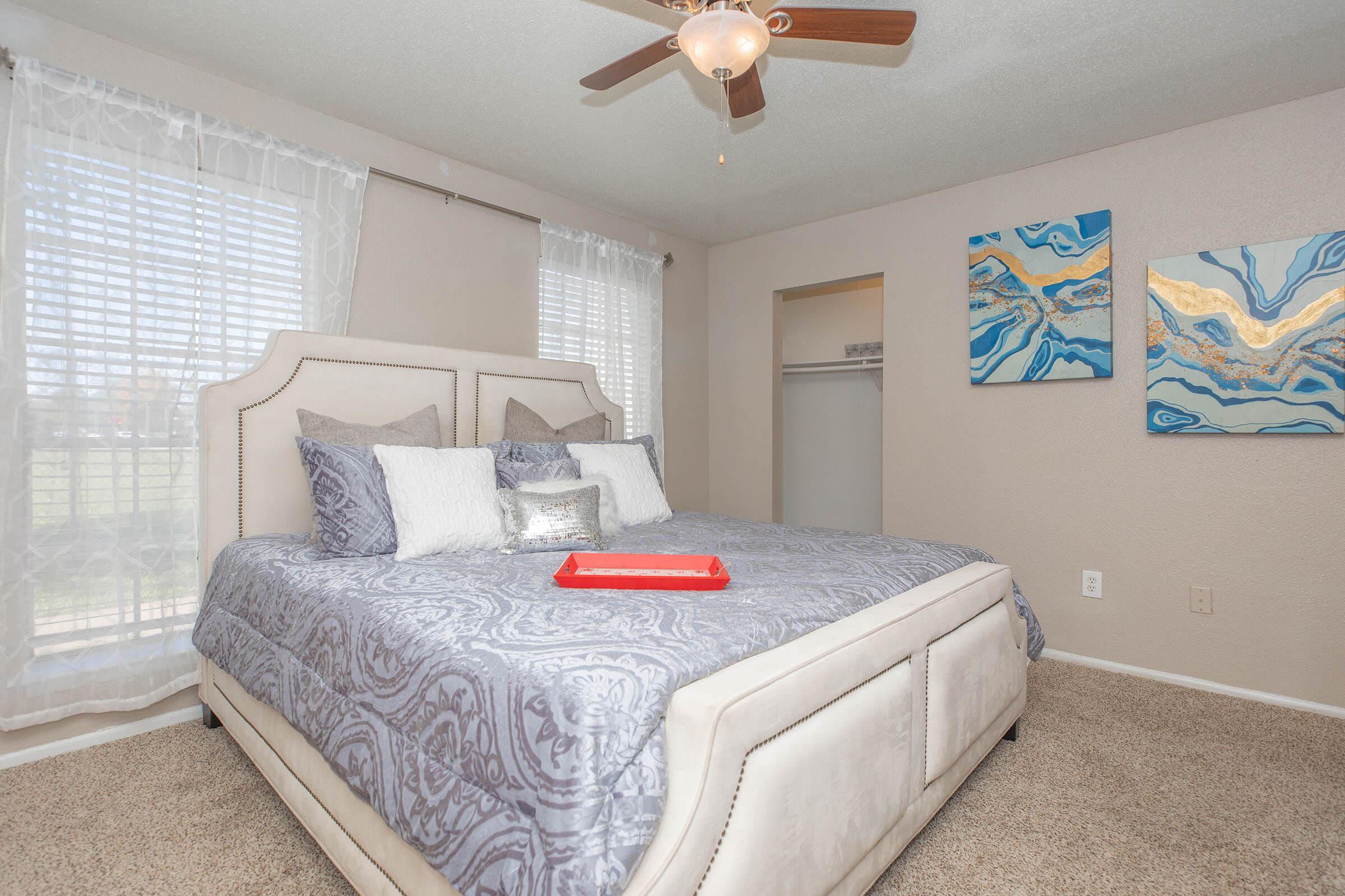 A cozy bedroom featuring a large bed with decorative pillows and a patterned blanket. Natural light enters through windows with sheer curtains, and there are two abstract art pieces on the wall. A small red tray is placed on the bed, and a closet is visible in the background. The carpeted floor adds warmth to the space.
