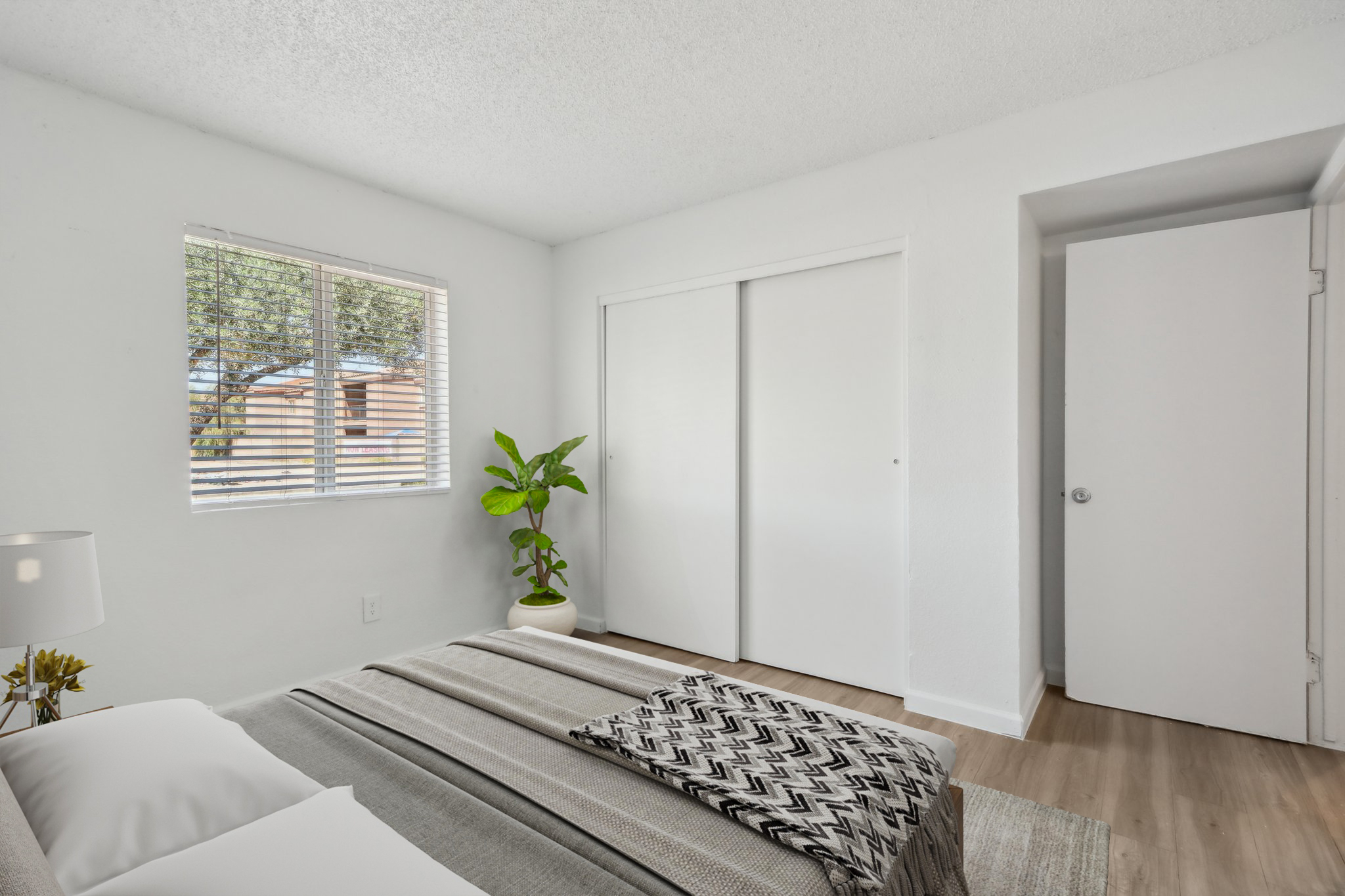 Bright and minimalist bedroom featuring a bed with white linens and a gray blanket. A small bedside lamp sits beside the bed. A potted plant adds greenery to the room, which includes a window with blinds and a closet with sliding doors. Light-colored walls and wooden flooring enhance the spacious feel.