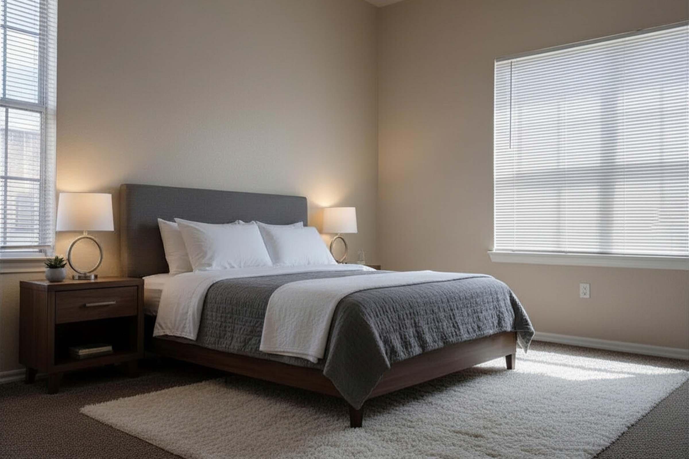 A cozy bedroom featuring a large bed with gray and white bedding, two bedside lamps on wooden nightstands, and a soft rug on the floor. Natural light streams in through a window with blinds, adding warmth to the neutral-toned walls.