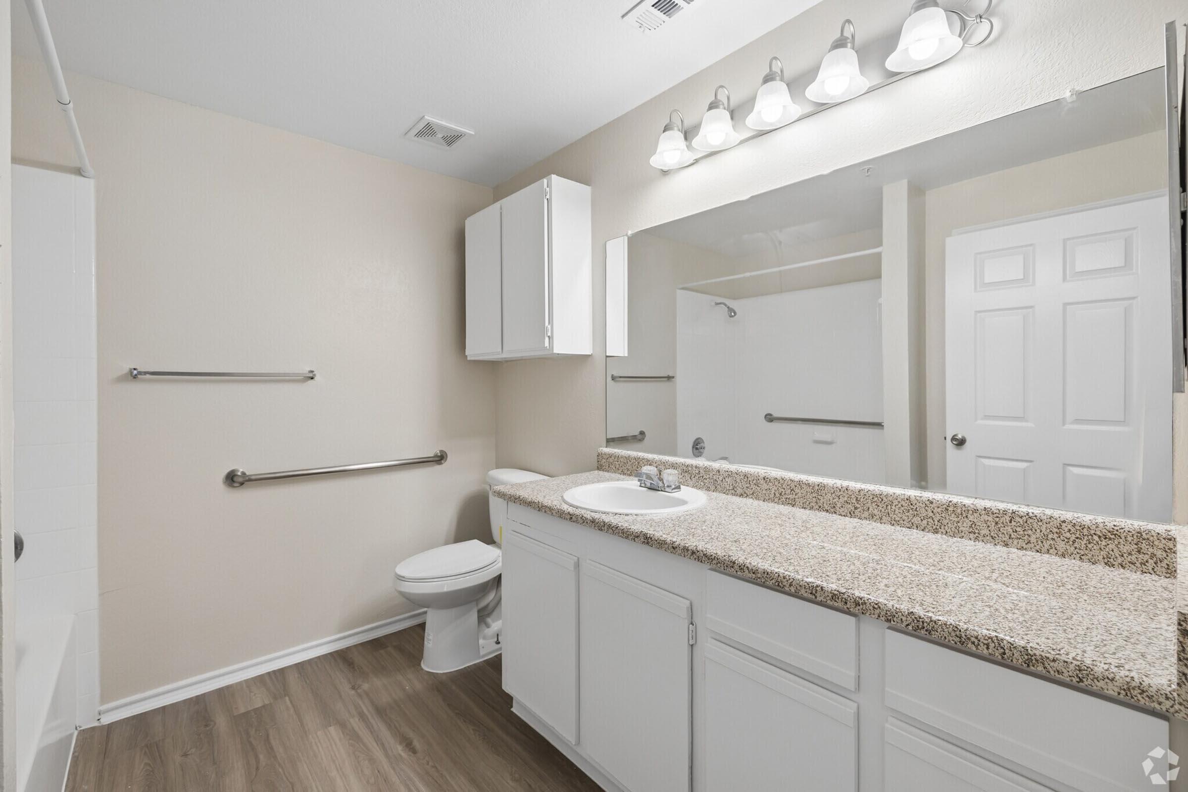 A clean and modern bathroom featuring a double sink vanity with a granite countertop, a large mirror above the sinks, a toilet, and a shower/tub combination. The walls are painted a light color, and there's ample lighting from multiple wall-mounted fixtures. Safety grab bars are installed next to the toilet and in the shower area.