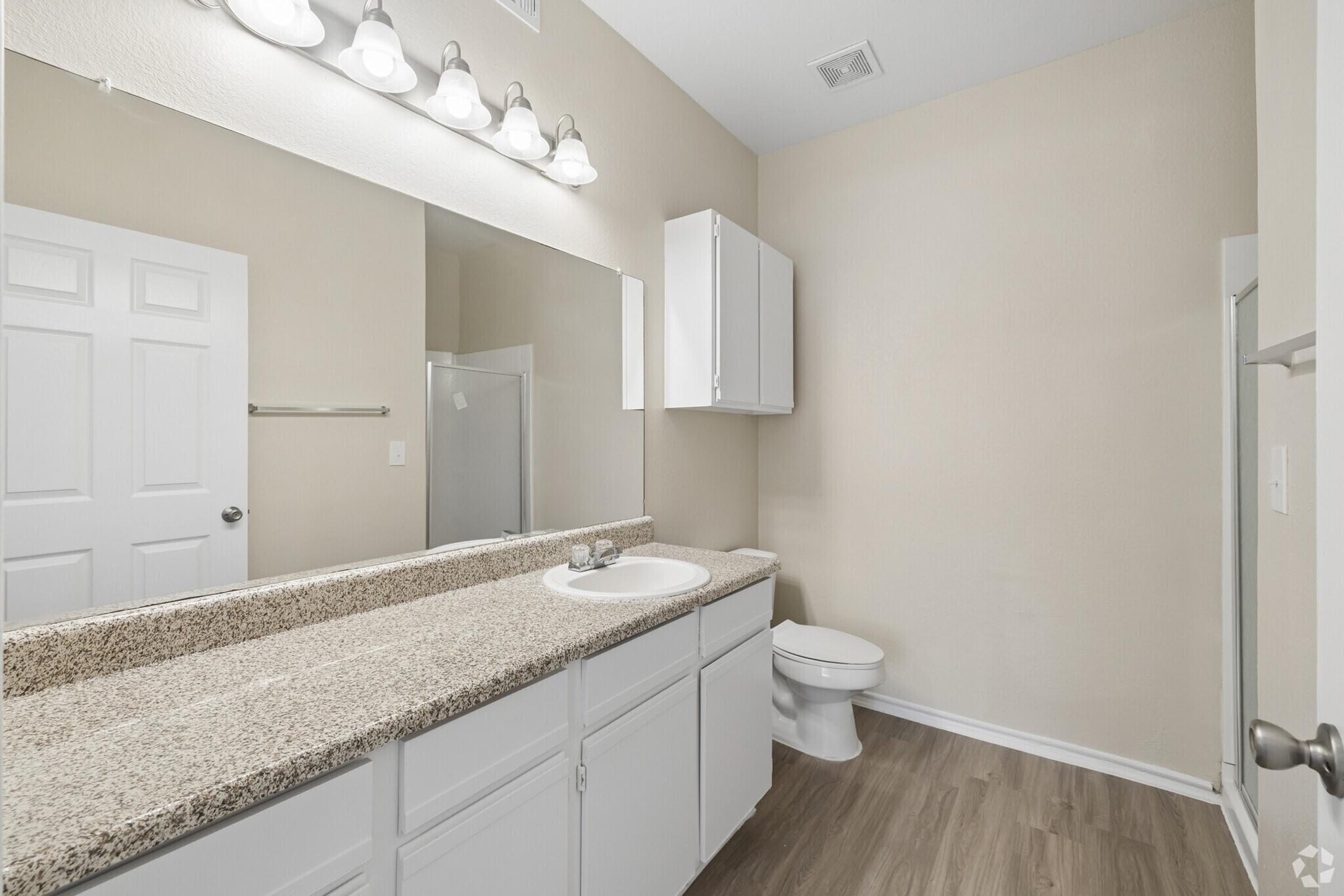 A clean, modern bathroom featuring a long countertop with a sink, a large mirror above, and a white toilet. The walls are painted a soft beige, and there is a light fixture with multiple bulbs. A shower can be seen in the background, and a cabinet is mounted above the countertop for storage.