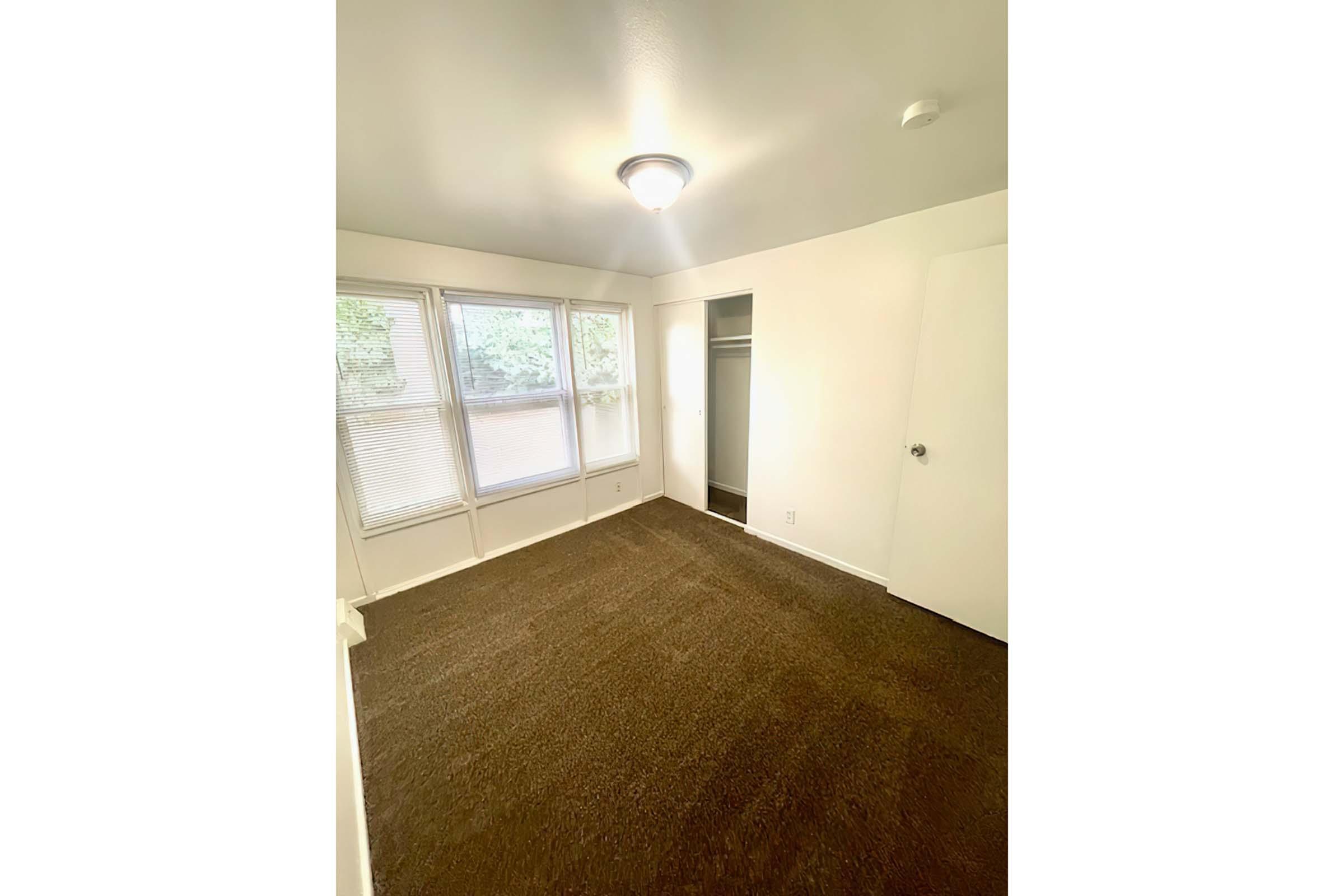 A well-lit, empty room with a brown carpet and white walls. It features a ceiling light, two windows allowing natural light, and a closet space. The room appears clean and spacious, suitable for various uses.